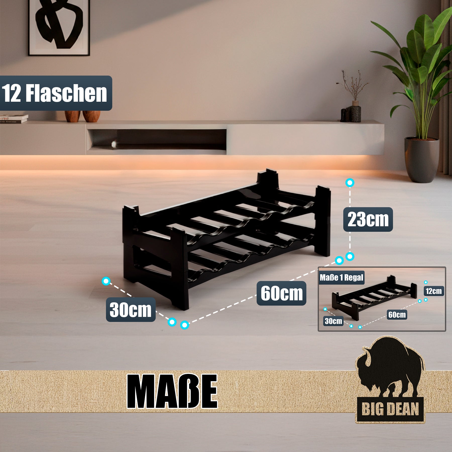 BigDean Flaschenregal stapelbar 12 Flaschen schwarz Kunststoff