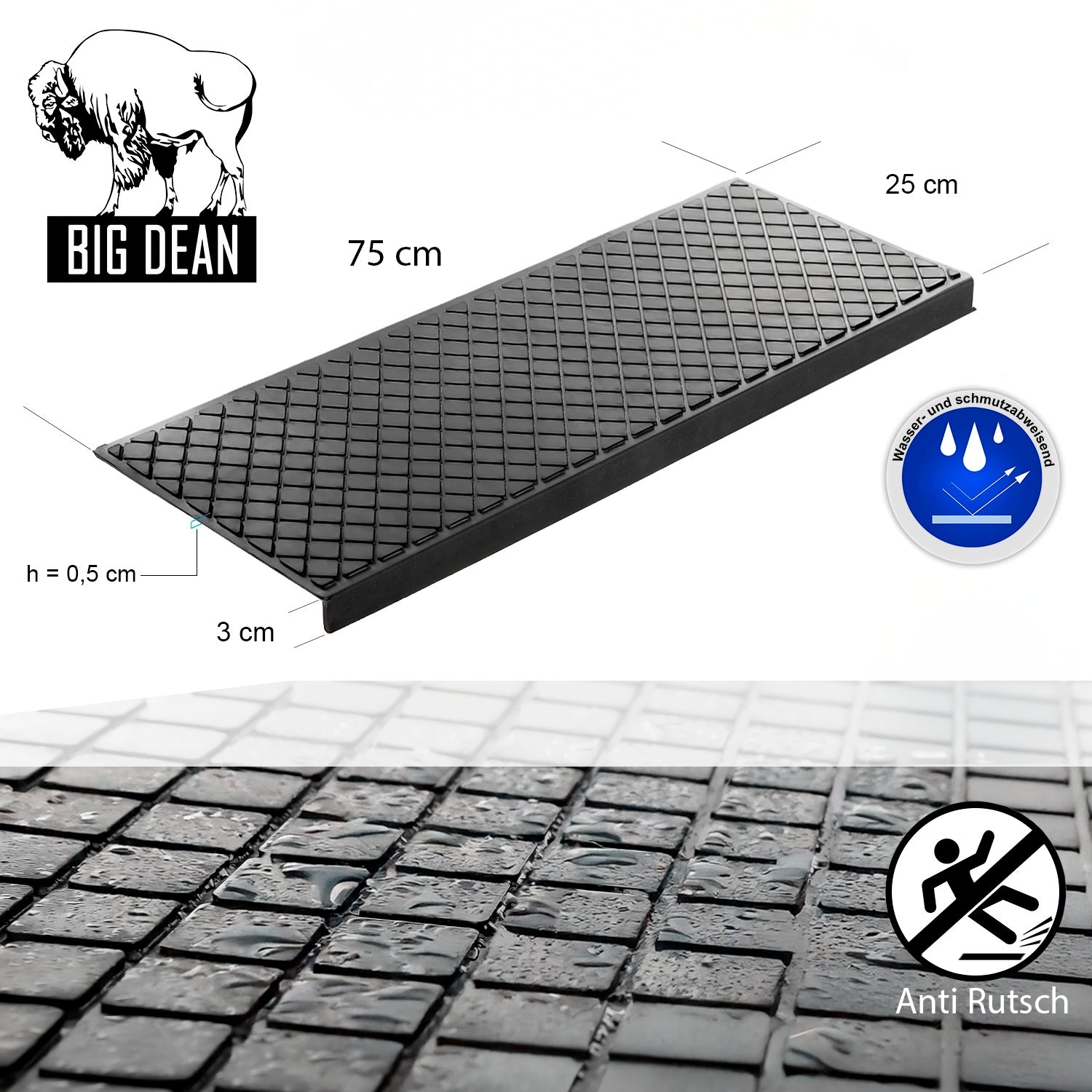 BigDean Haushalt Stufenmatten Gummi 75x25 cm 5 Stück Karo