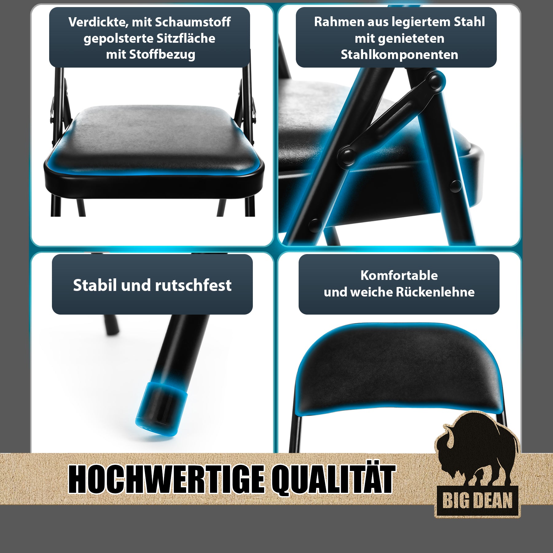 BigDean Haushalt Klappstuhl Gepolstert Schwarz 6 Stück 130 kg