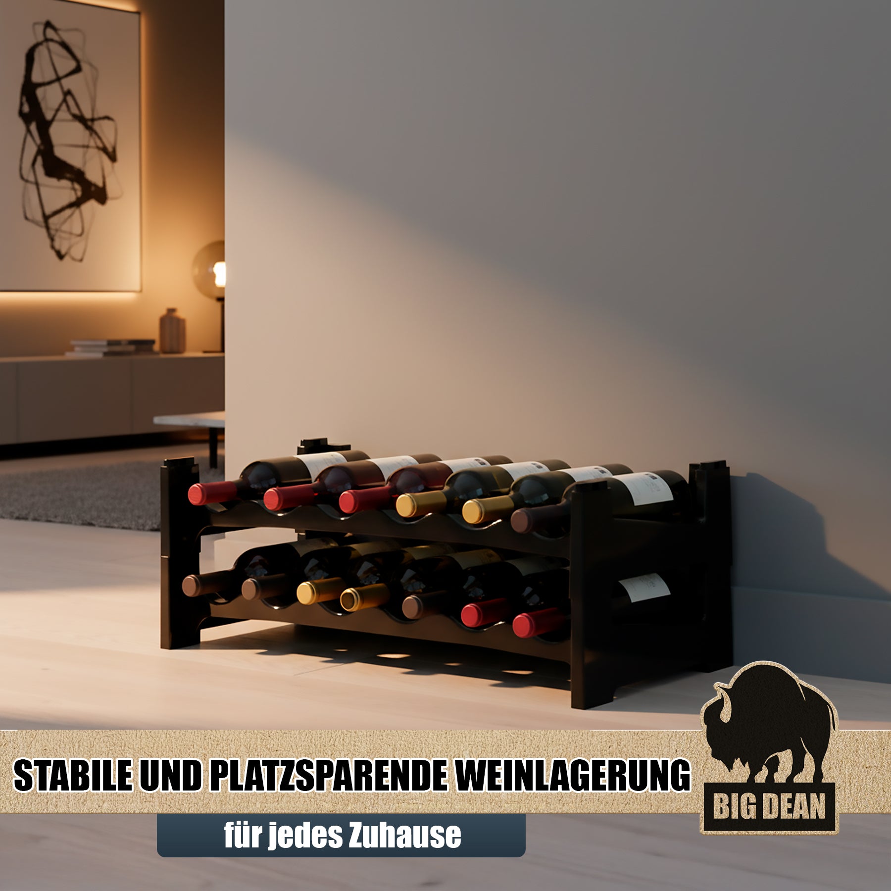BigDean Flaschenregal stapelbar 12 Flaschen schwarz Kunststoff