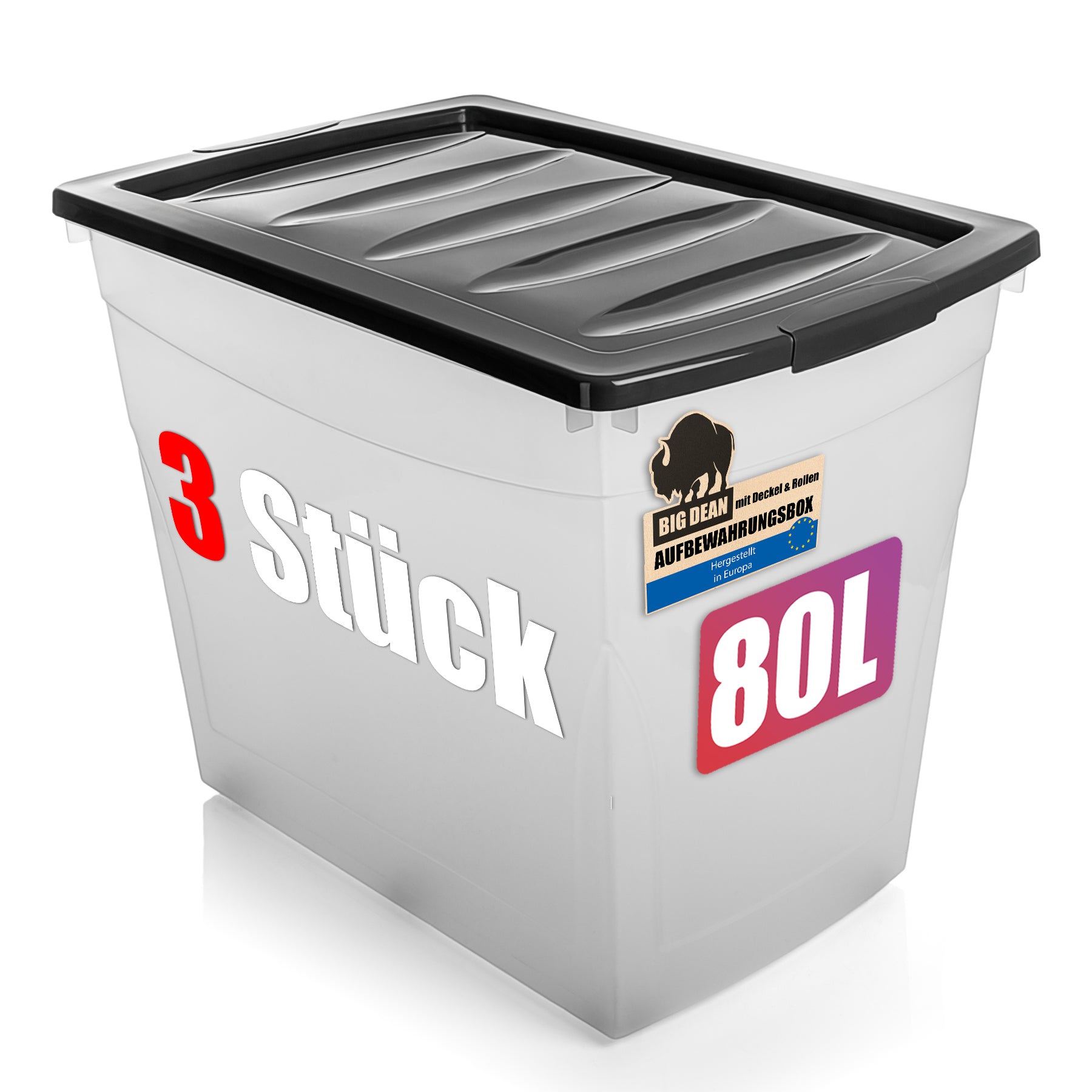 BigDean 3x Aufbewahrungsbox 80 L mit Deckel Rollen Transparent