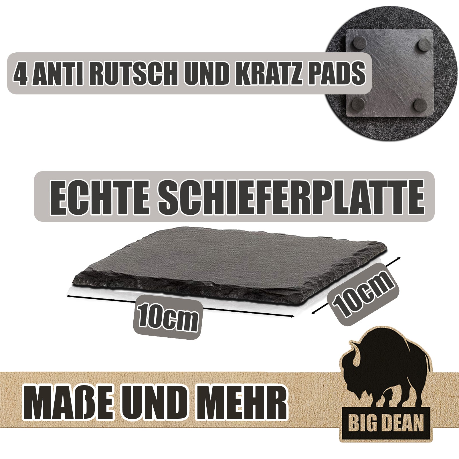 BigDean Küche & Vorrat Schiefer-Untersetzer 10x10 cm 16er