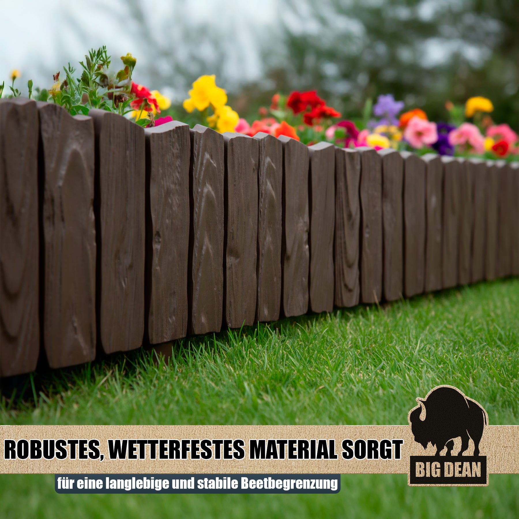 BigDean Garten Rasenkante Kunststoff 9,28m braun 13cm Holzoptik