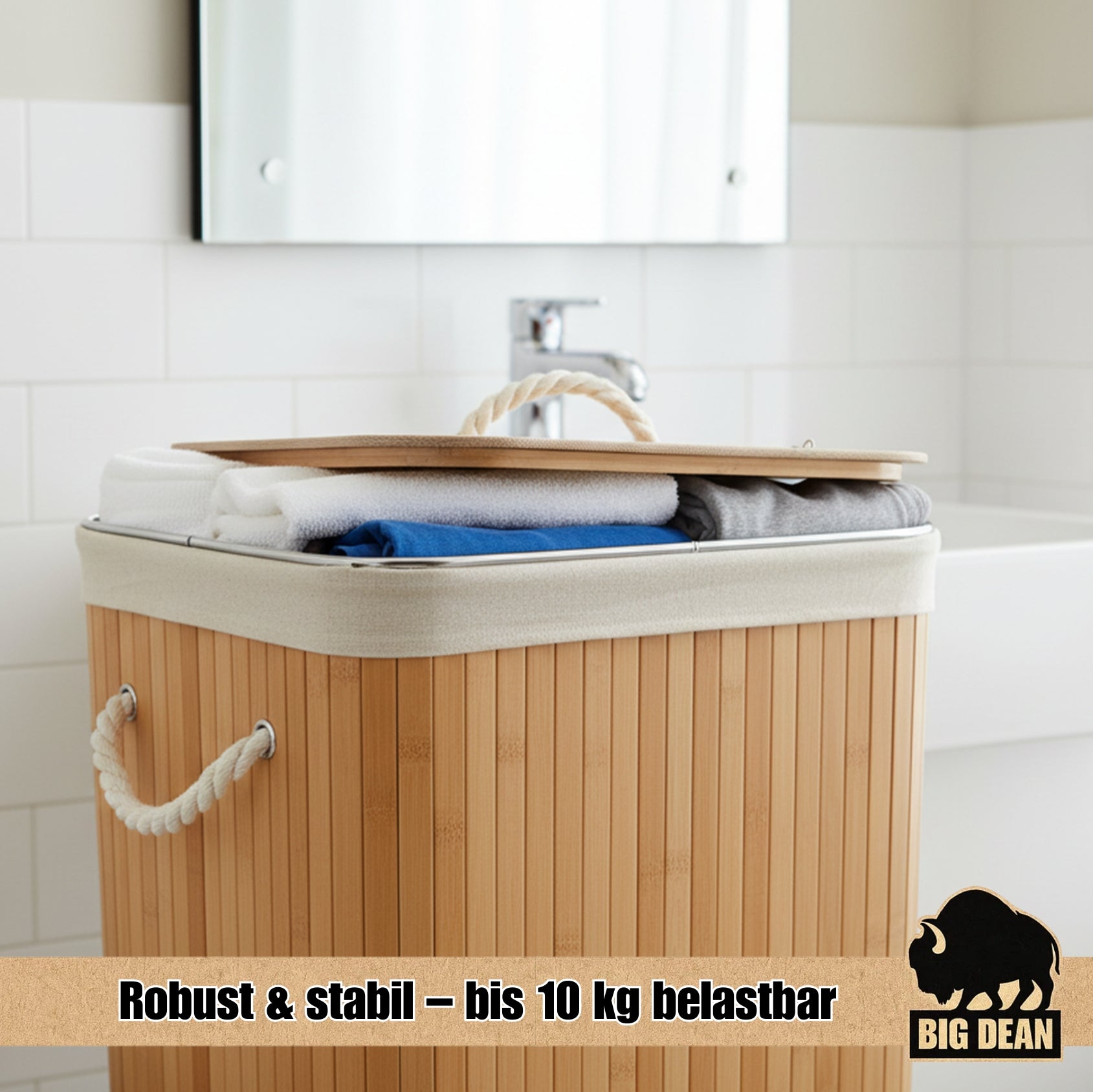 BigDean Wäschekorb Bambus 72L mit Deckel Wäschesack