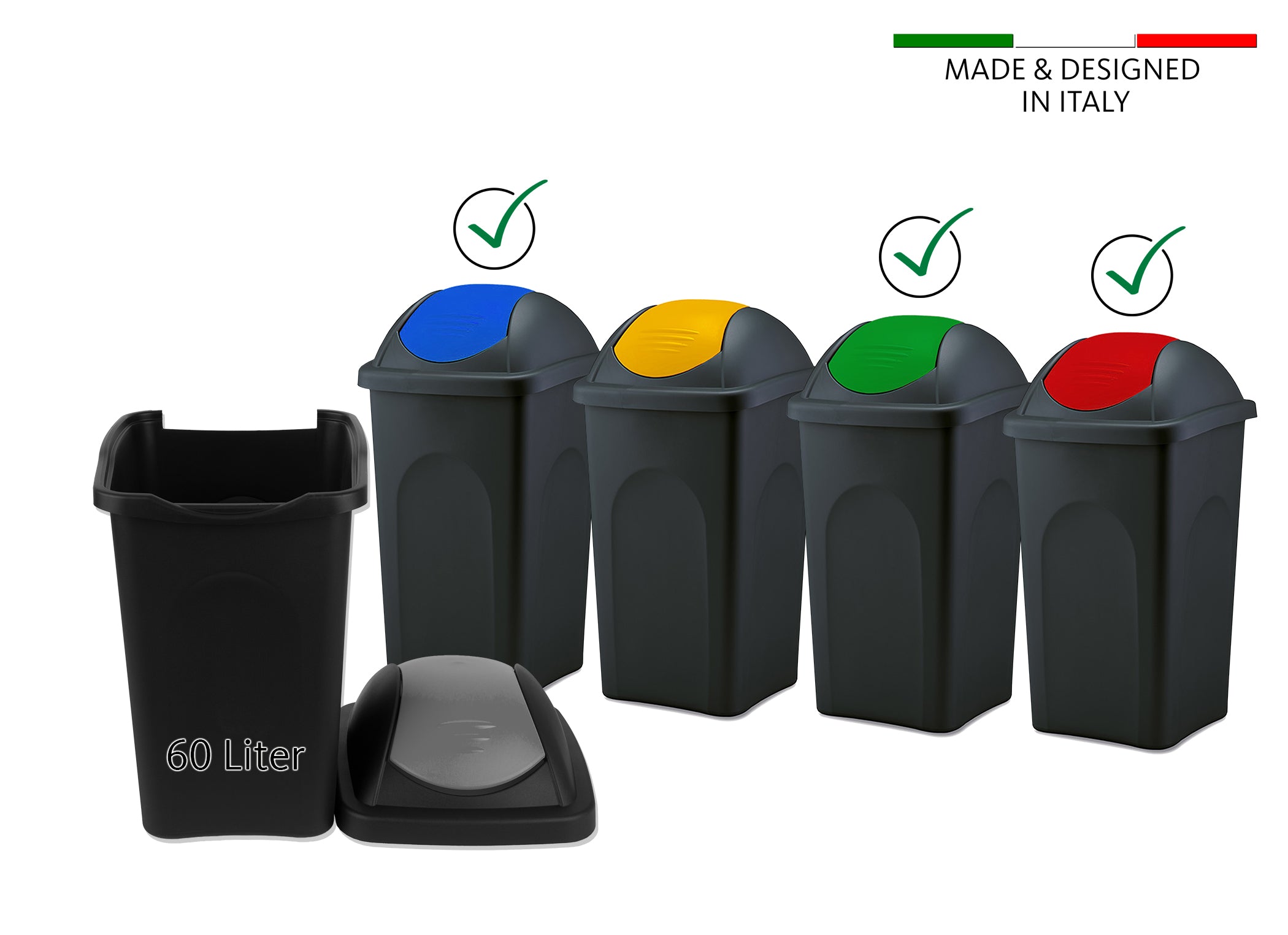 BigDean Haushalt Mülleimer 60L schwarz Schwingdeckel 3er farbig