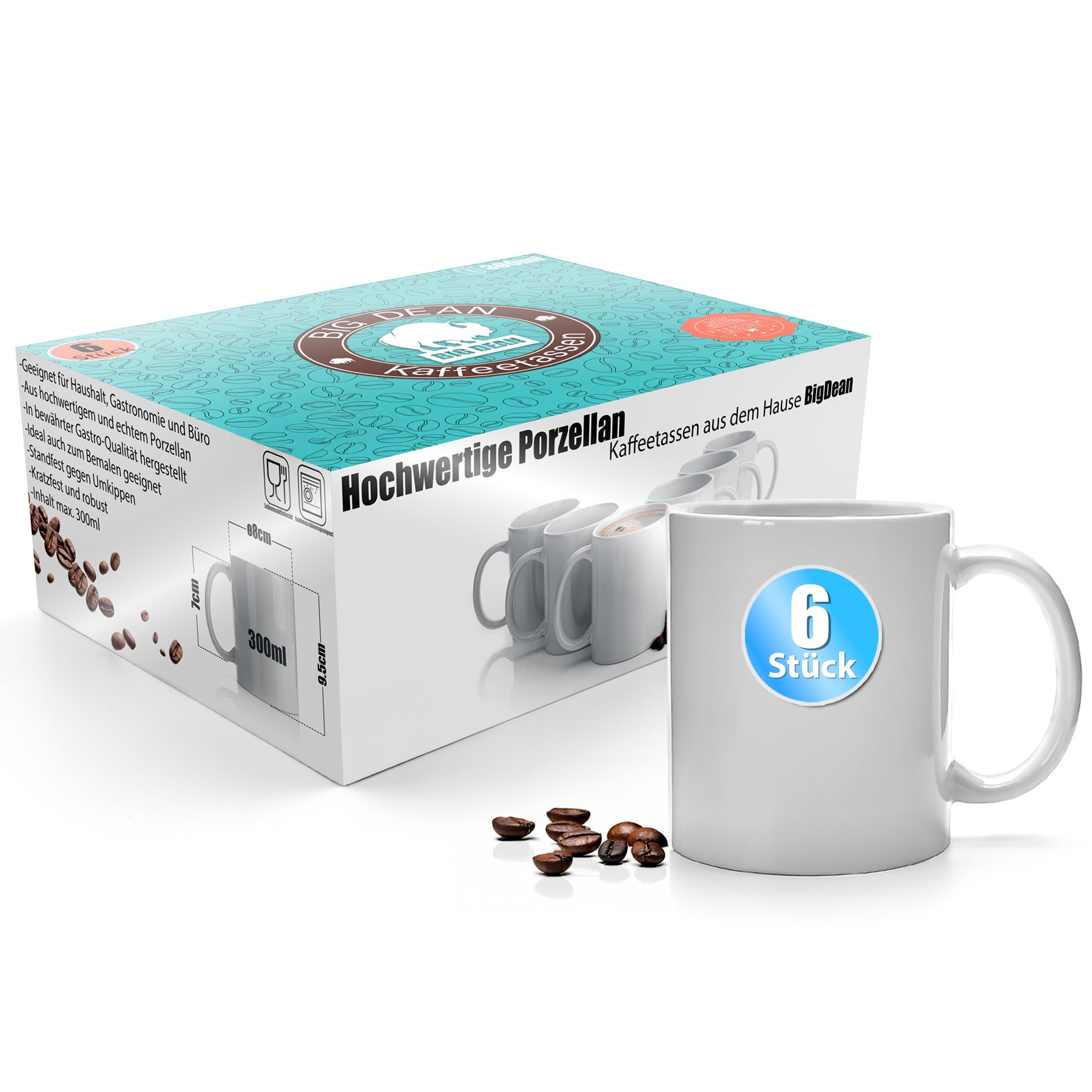BigDean Kaffeebecher weiß 300ml Porzellan 6er Geschenkset