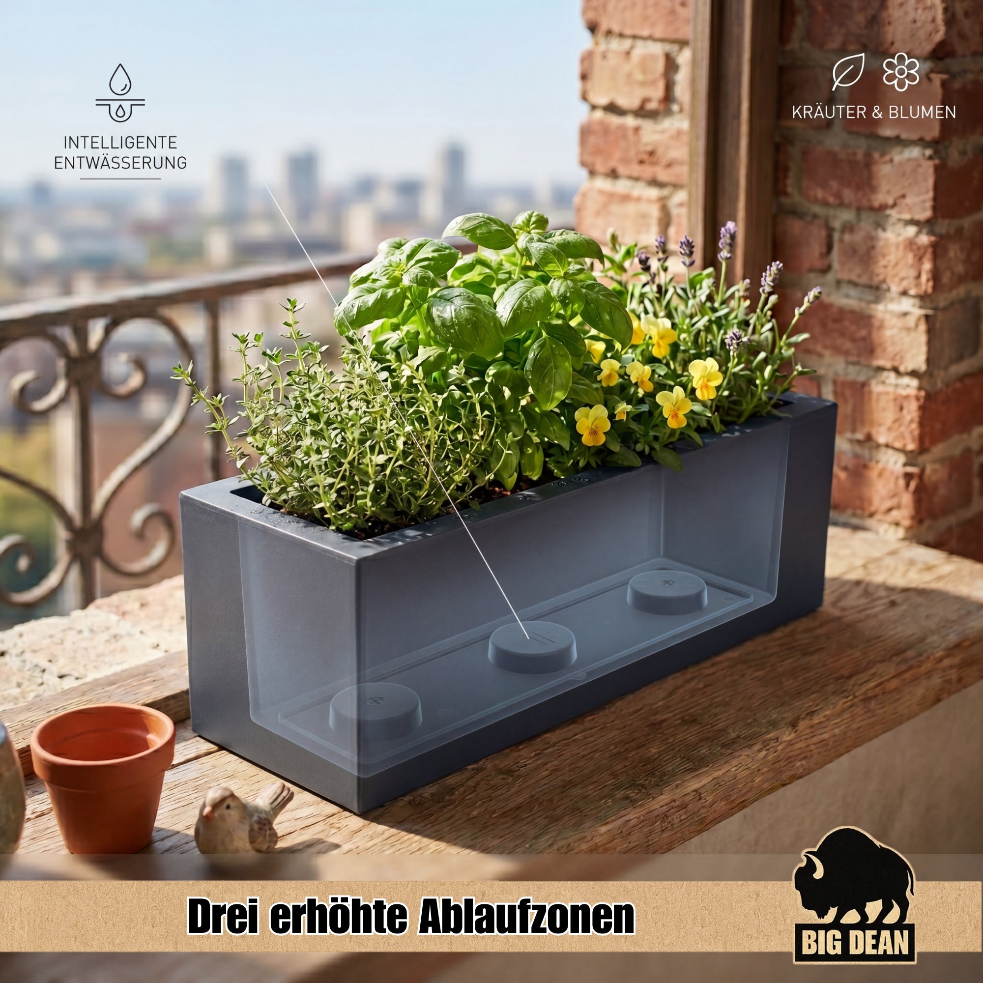 BigDean Balkonkasten 25L mit Wasserspeicher Steinoptik Pflanzkübel