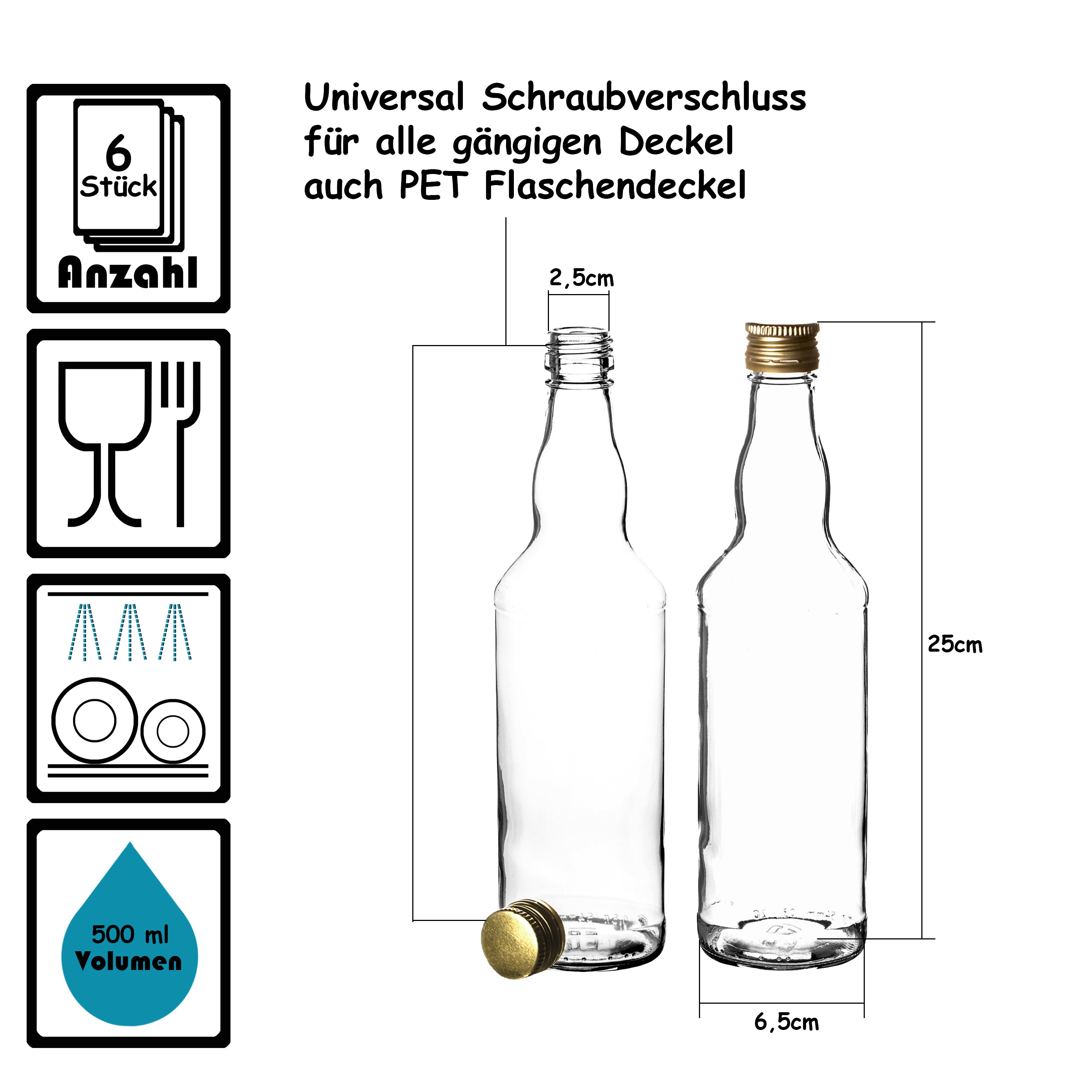 BigDean Küche & Vorrat Glasflasche 500ml Gold 6er Set