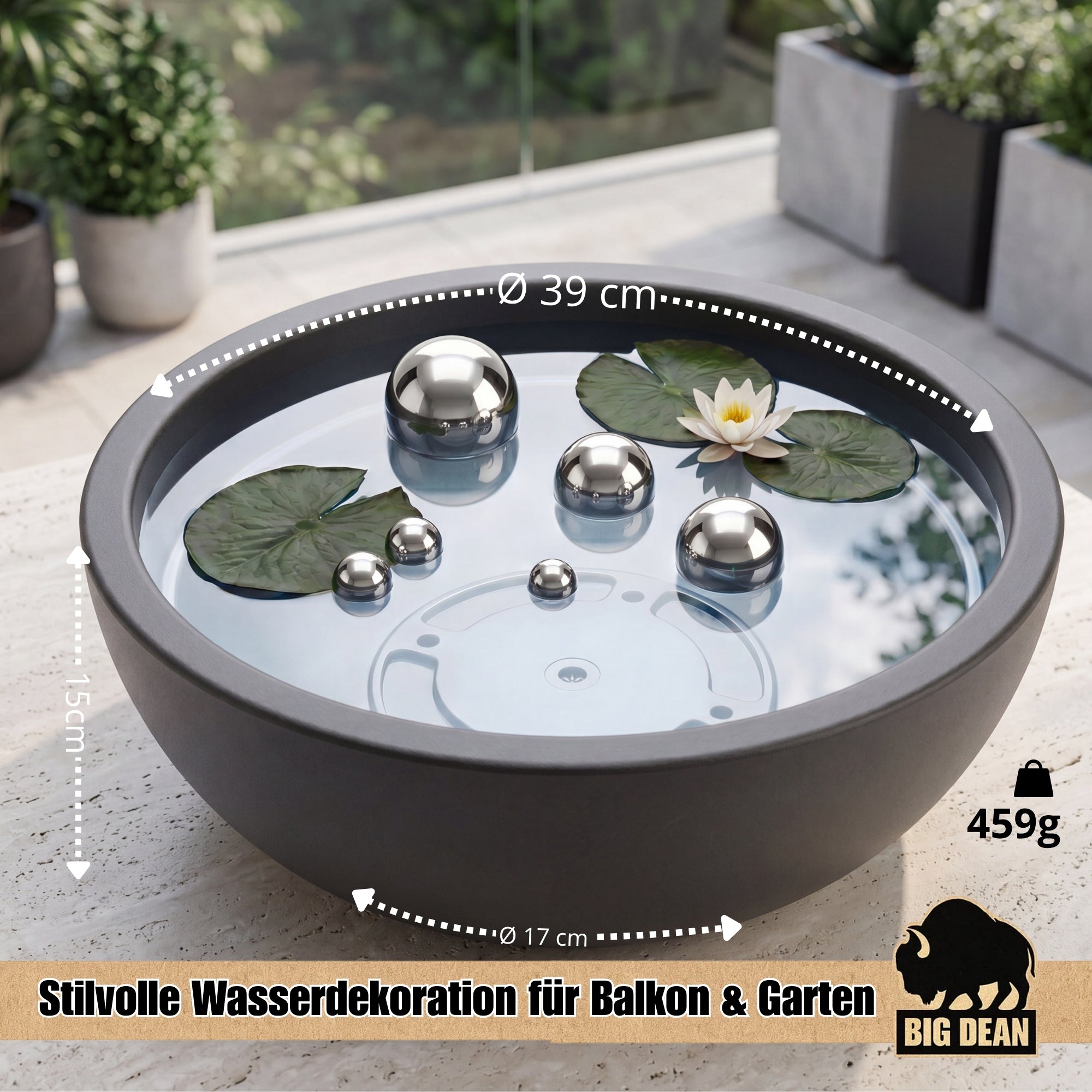 BigDean Garten Miniteich Set Schale 39 cm mit Teichkugeln