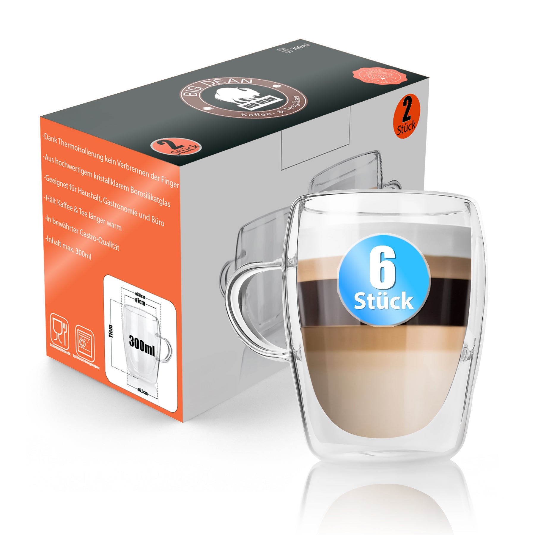 BigDean Latte Macchiato Gläser Henkel 300ml 6 Stück