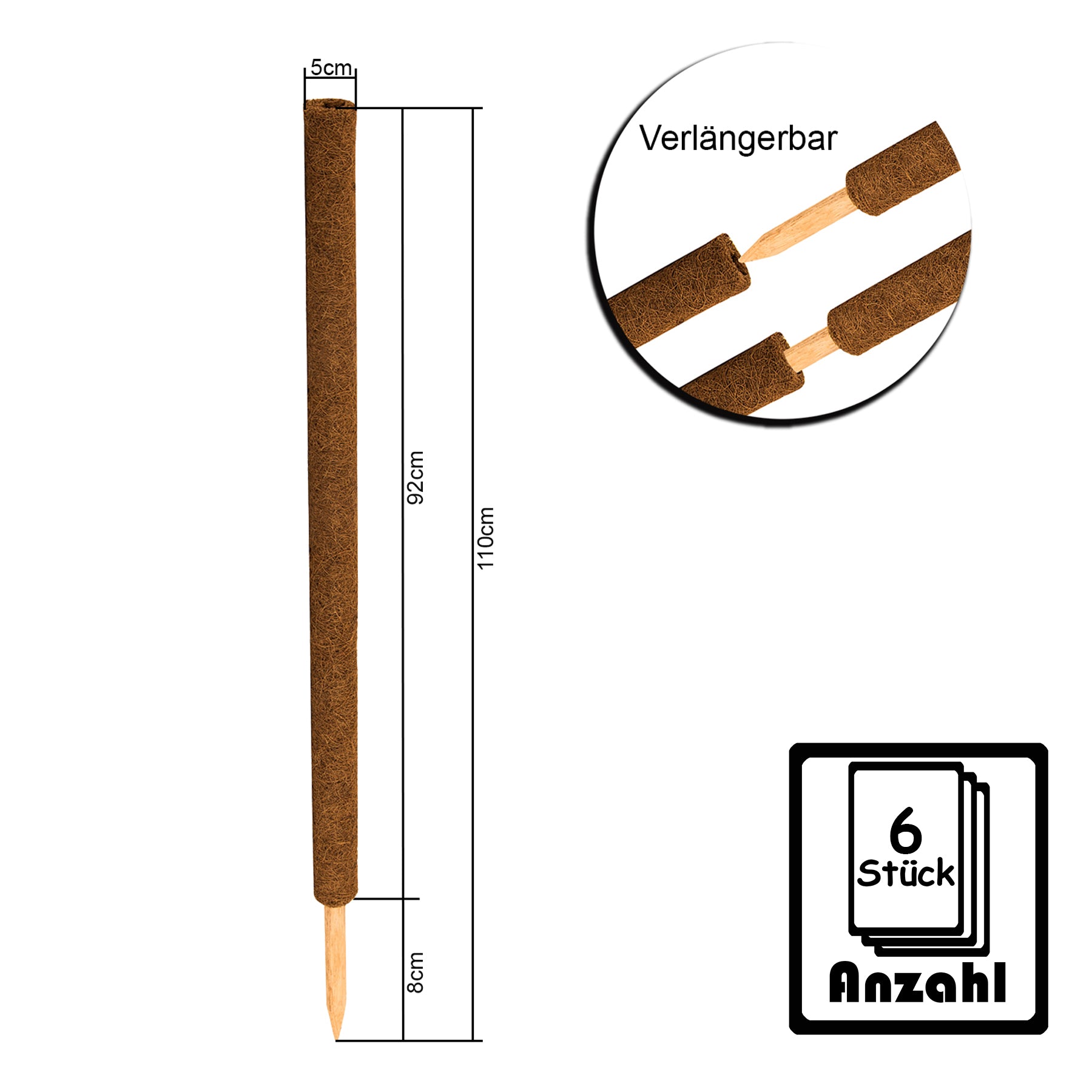 BigDean Pflanzstäbe Kokos 110 cm Rankhilfe 6er Set Natur