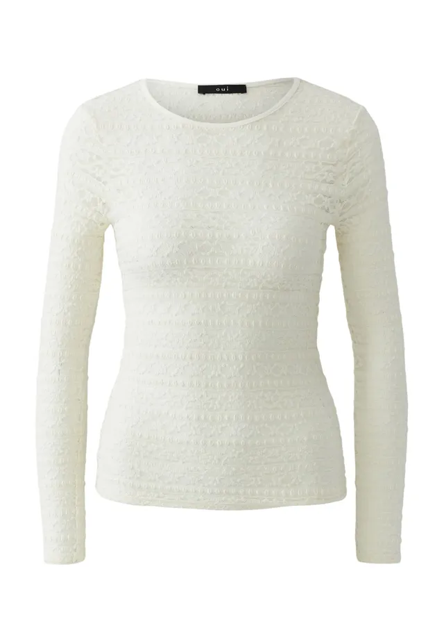 Oui Shirts & Tops Langarmshirt Spitze Gardenia schmal