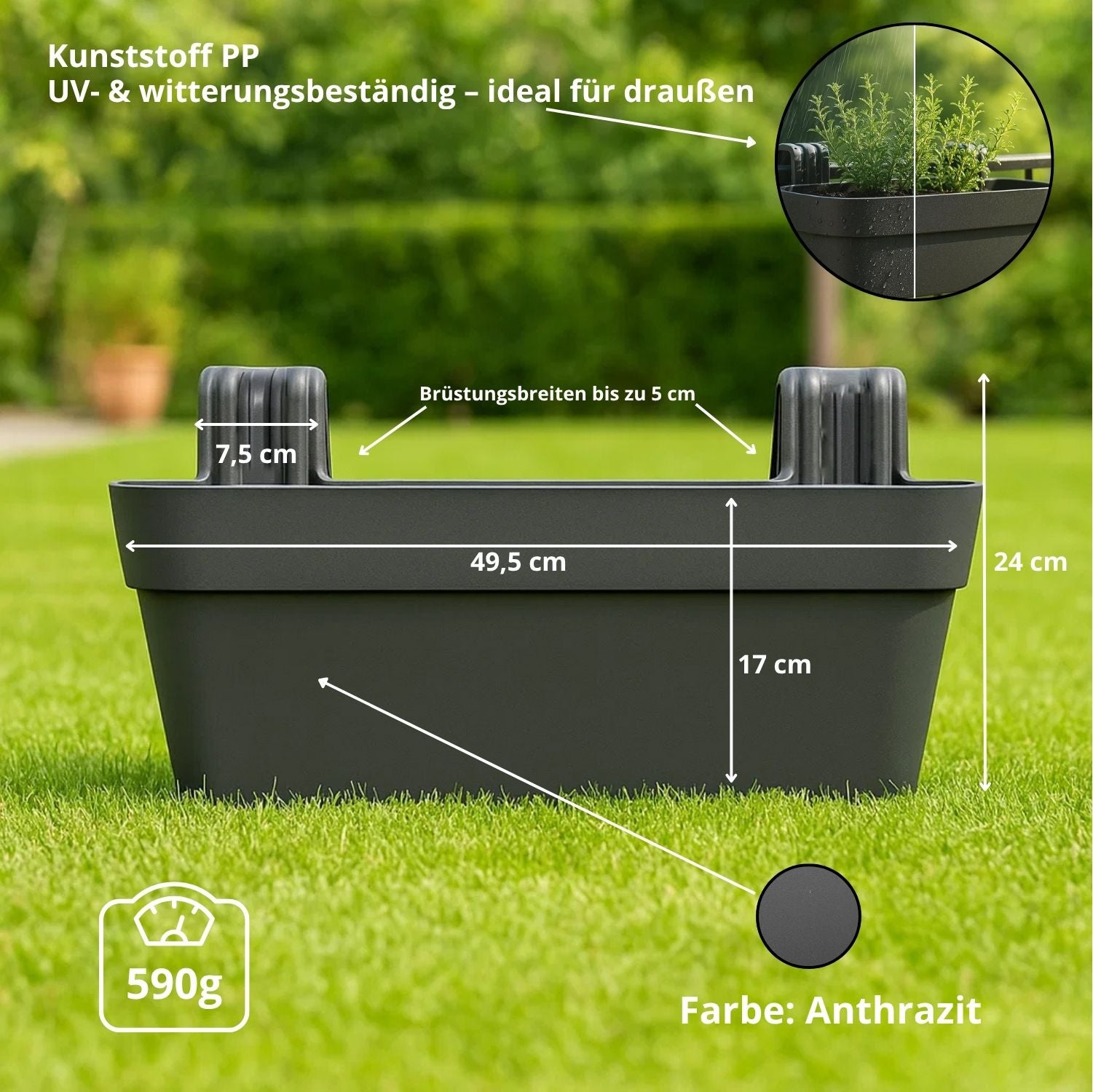 BigDean Blumenkasten 50cm anthrazit 4er Set mit Halterung