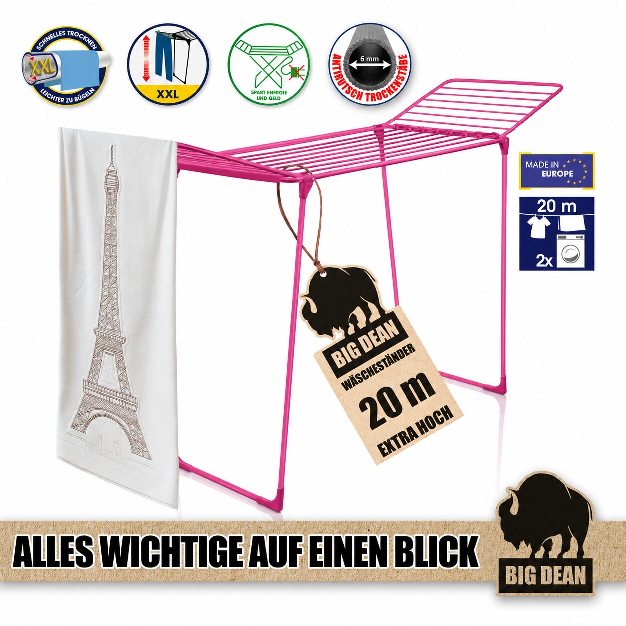 BigDean Wäscheständer Kirschblüte 20m Grip extra hoch