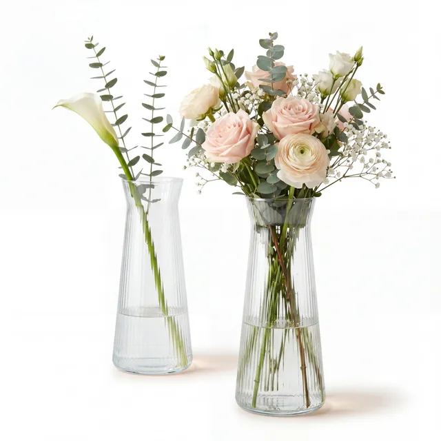 BigDean Haushalt Blumenvasen Glas Riffeldesign 25 cm 2er Set klar