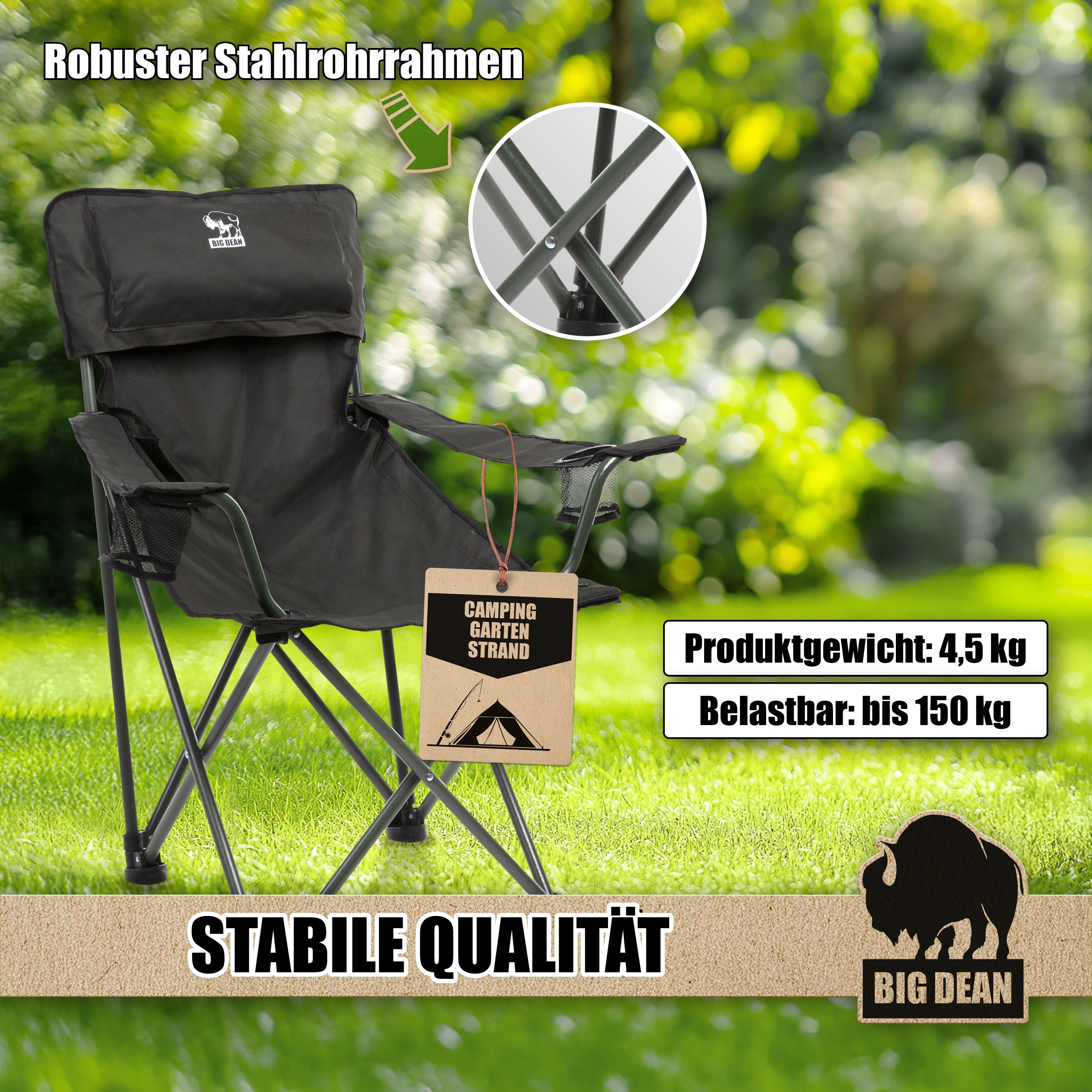 BigDean Luxus Campingstuhl faltbar XL 150kg belastbar