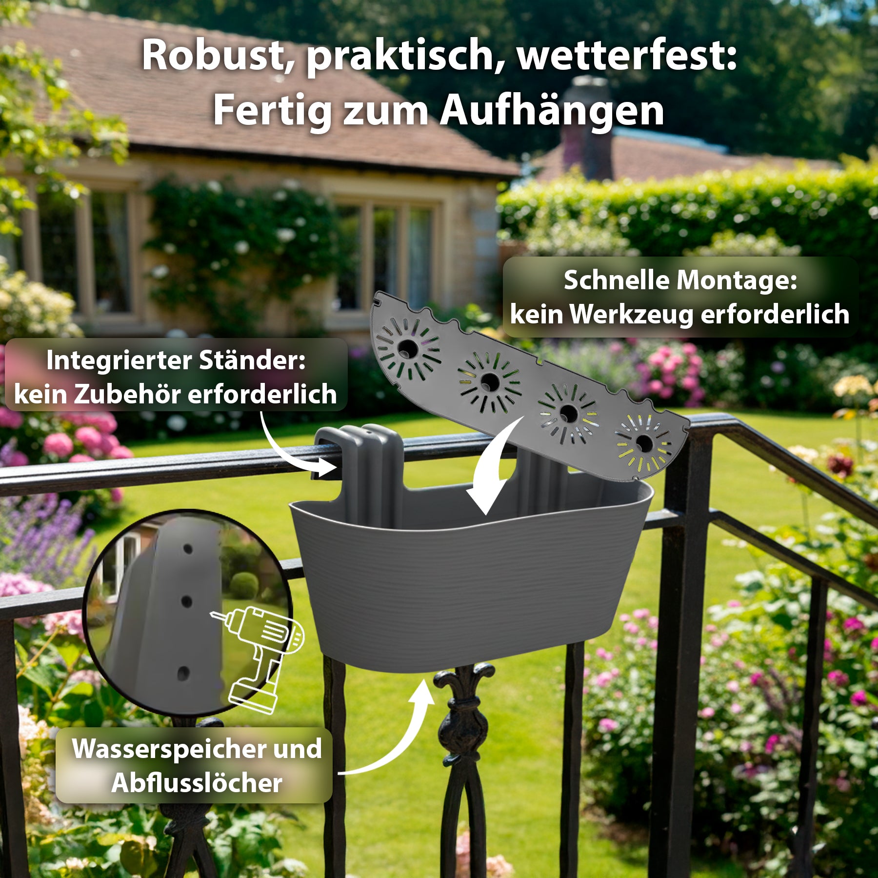 BigDean Blumenkasten Balkongeländer 43cm Anthrazit Wasserspeicher
