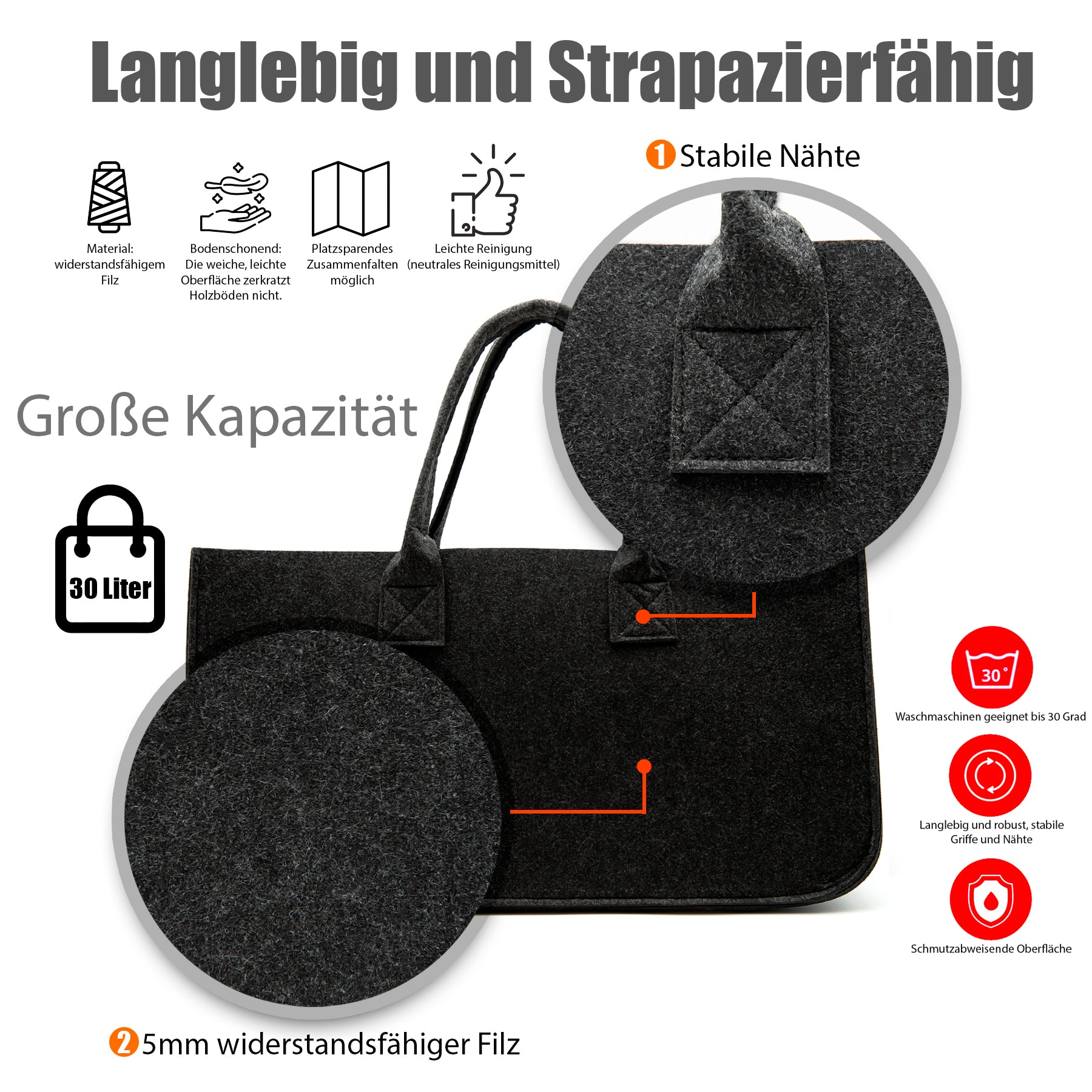 BigDean Filztasche Groß Anthrazit 30L Kaminholzkorb 2 Stück