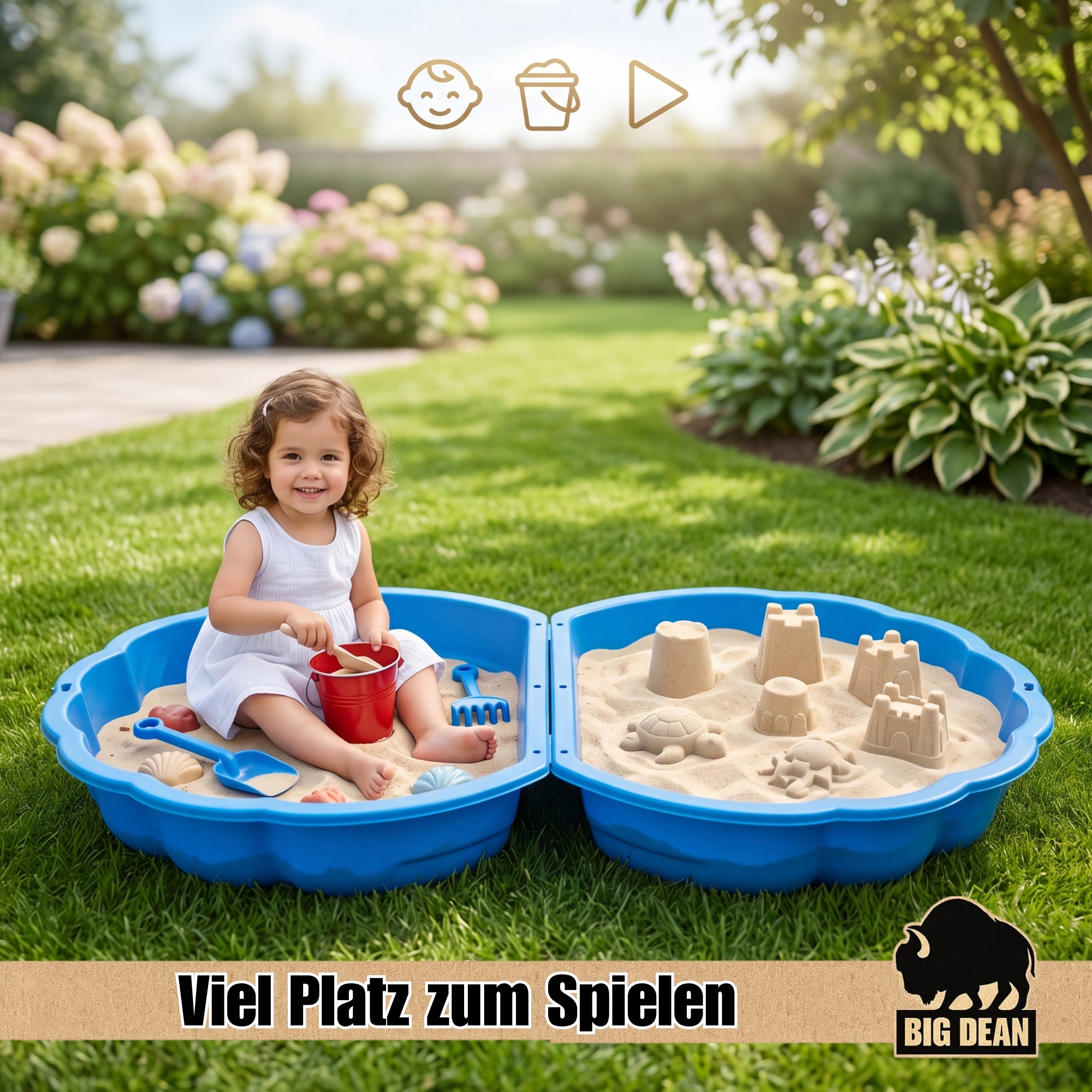 BigDean XXL Sandmuschel Sandkasten mit Deckel Blau