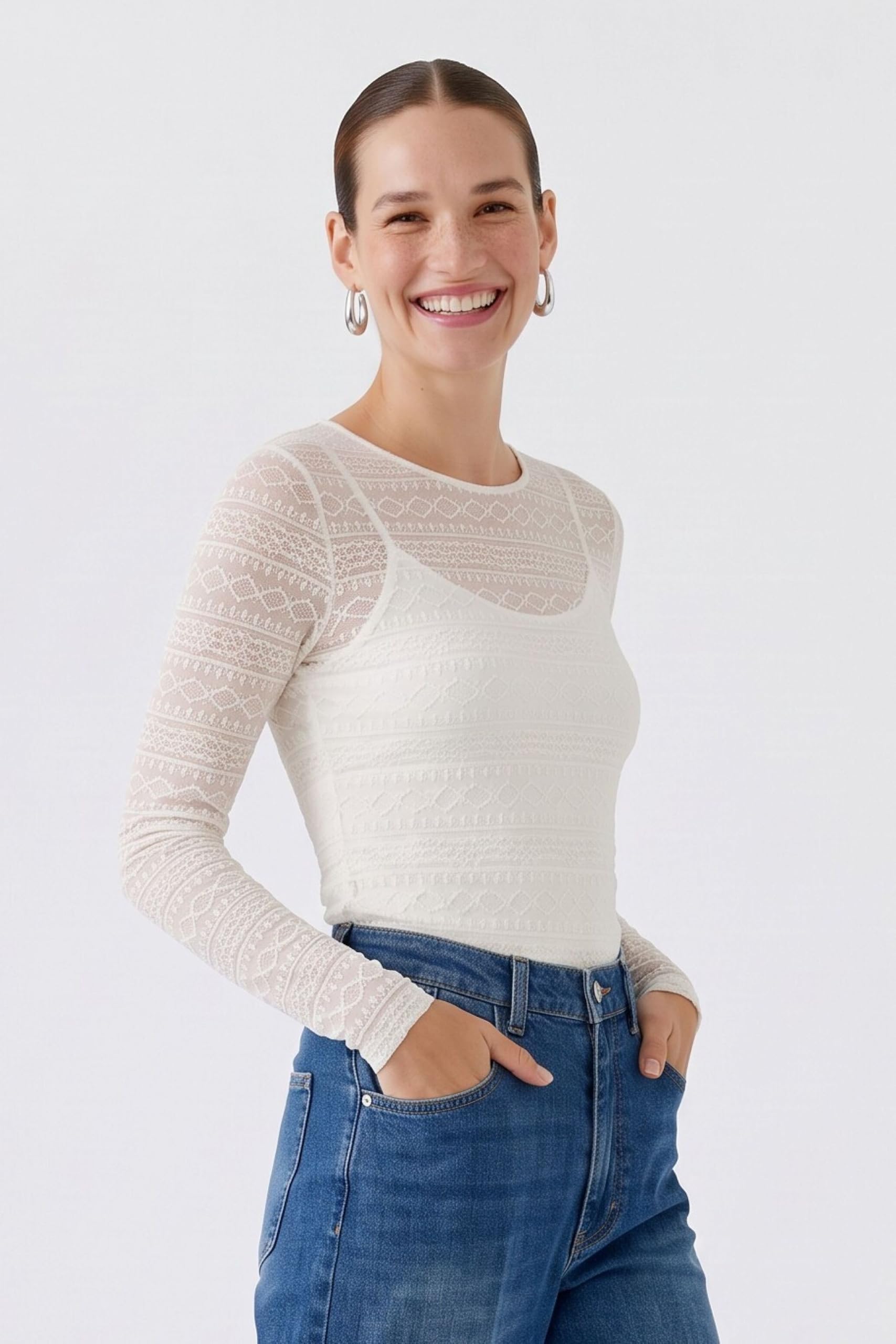 Oui Shirts & Tops Langarmshirt Spitze Gardenia schmal