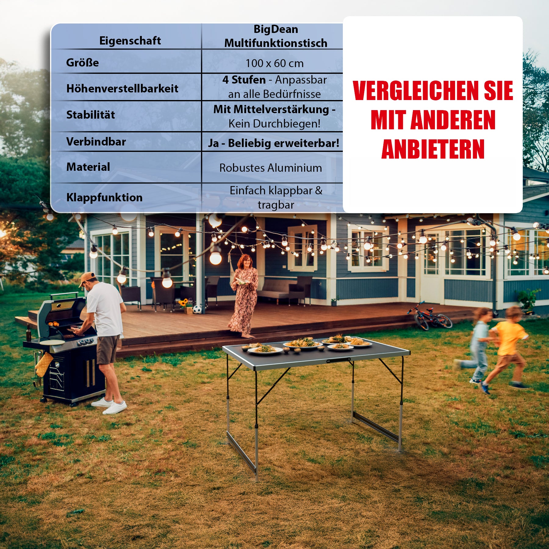 BigDean Multifunktionstisch 100x60cm klappbar 30kg
