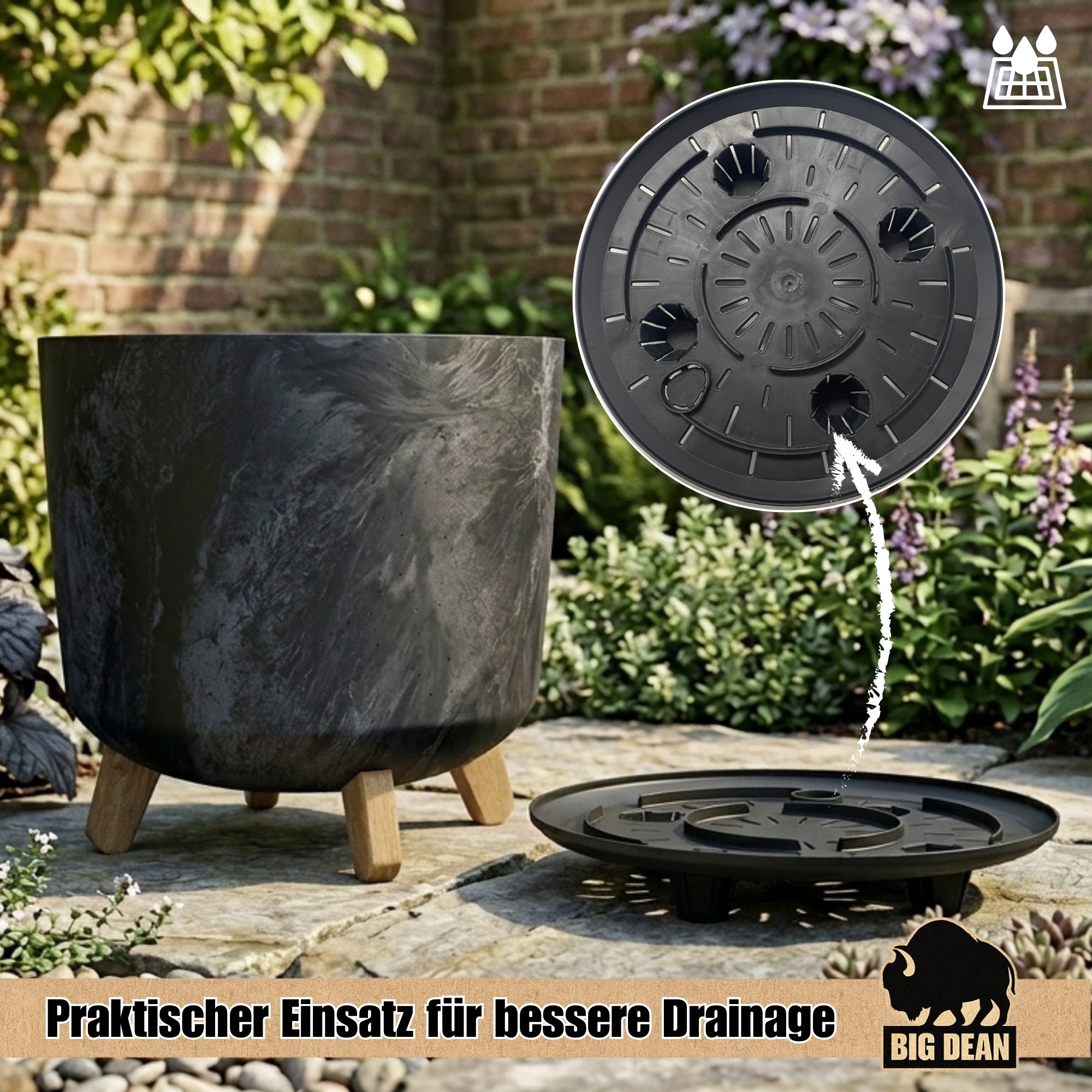 BigDean Pflanzkübel 28,5cm Anthrazit Beton-Optik Blumentopf mit Füßen