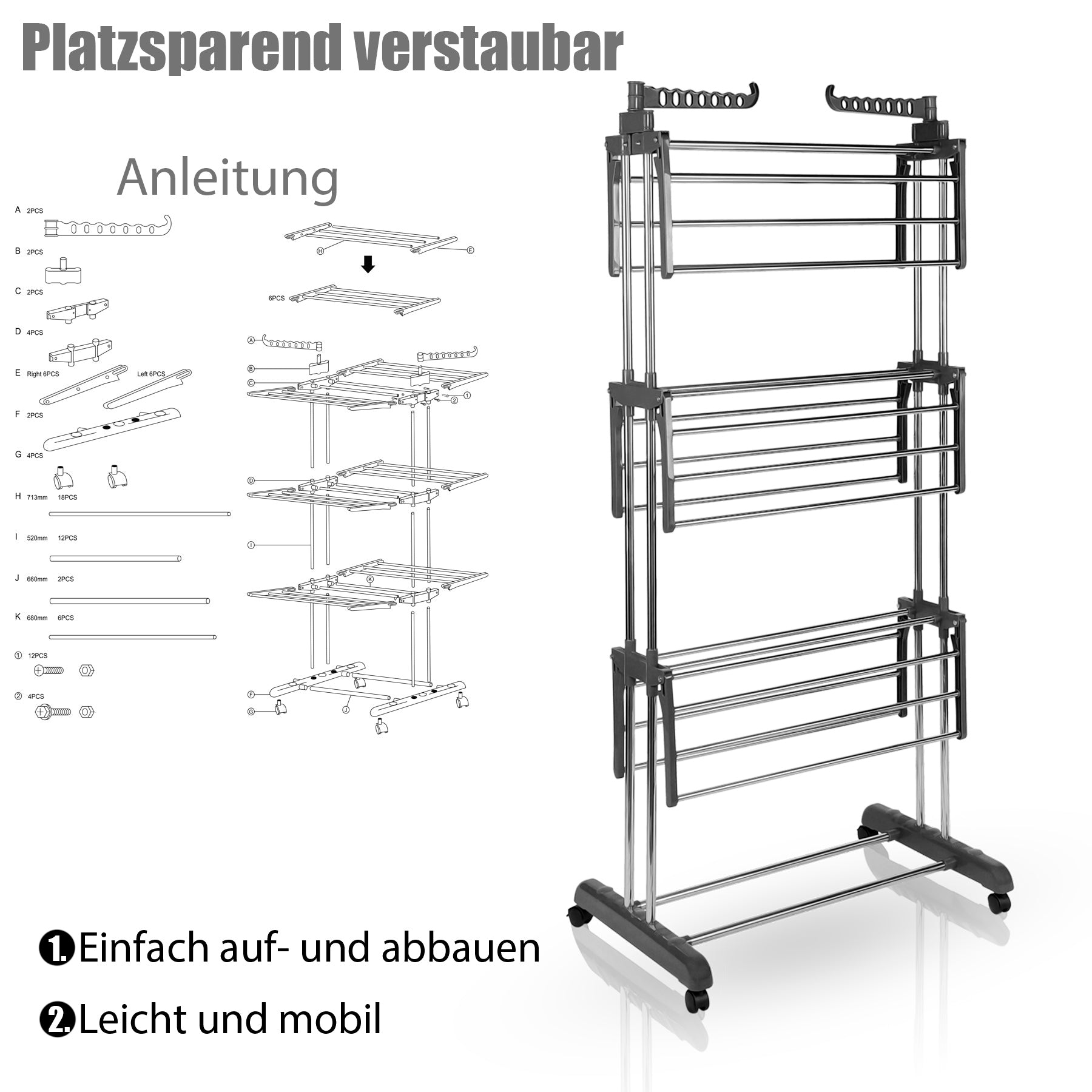 BigDean Haushalt Wäscheständer Turm 3 Ebenen 16m Grau