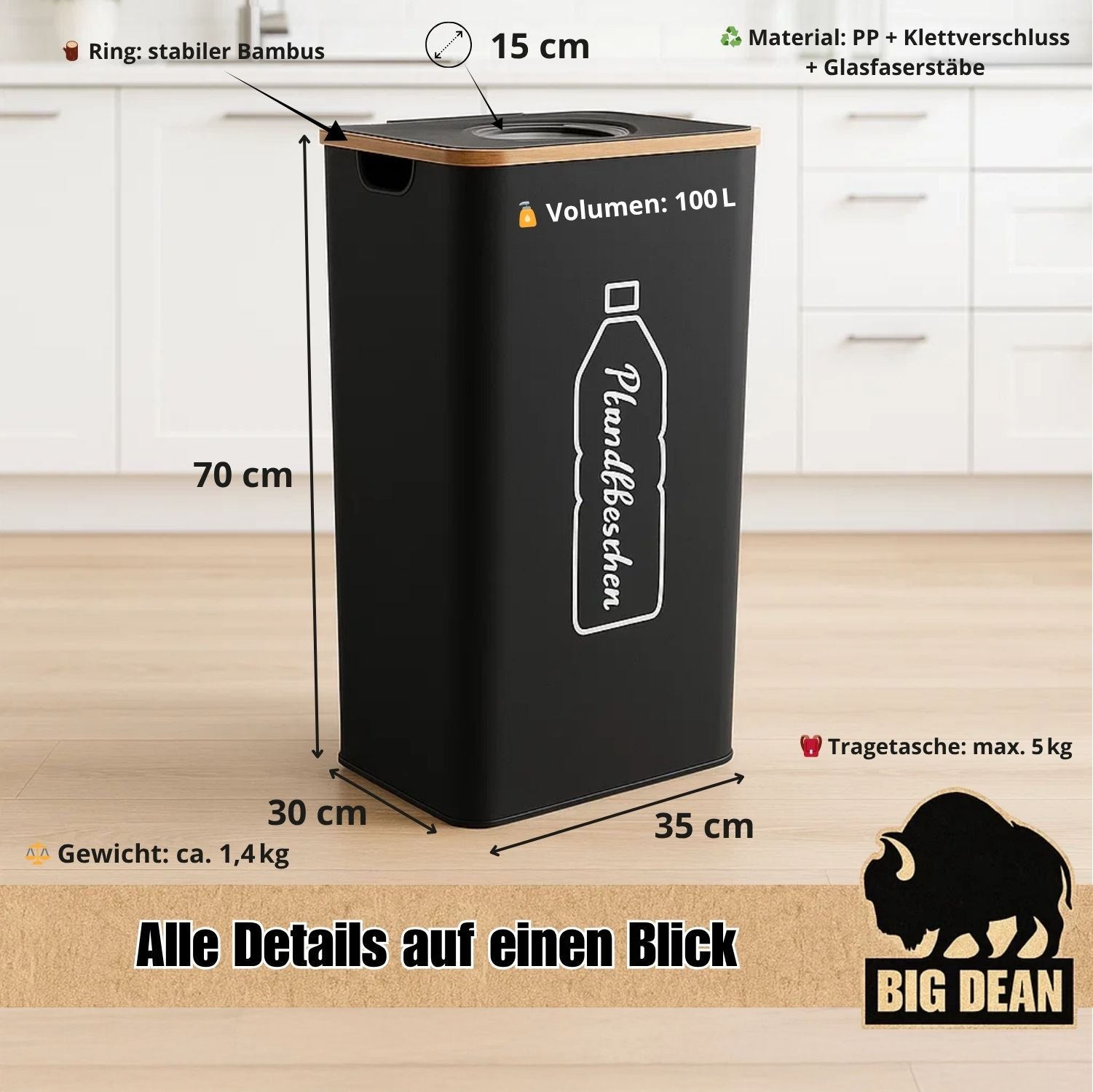 BigDean Pfandflaschen Behälter 100L mit Deckel und Tasche