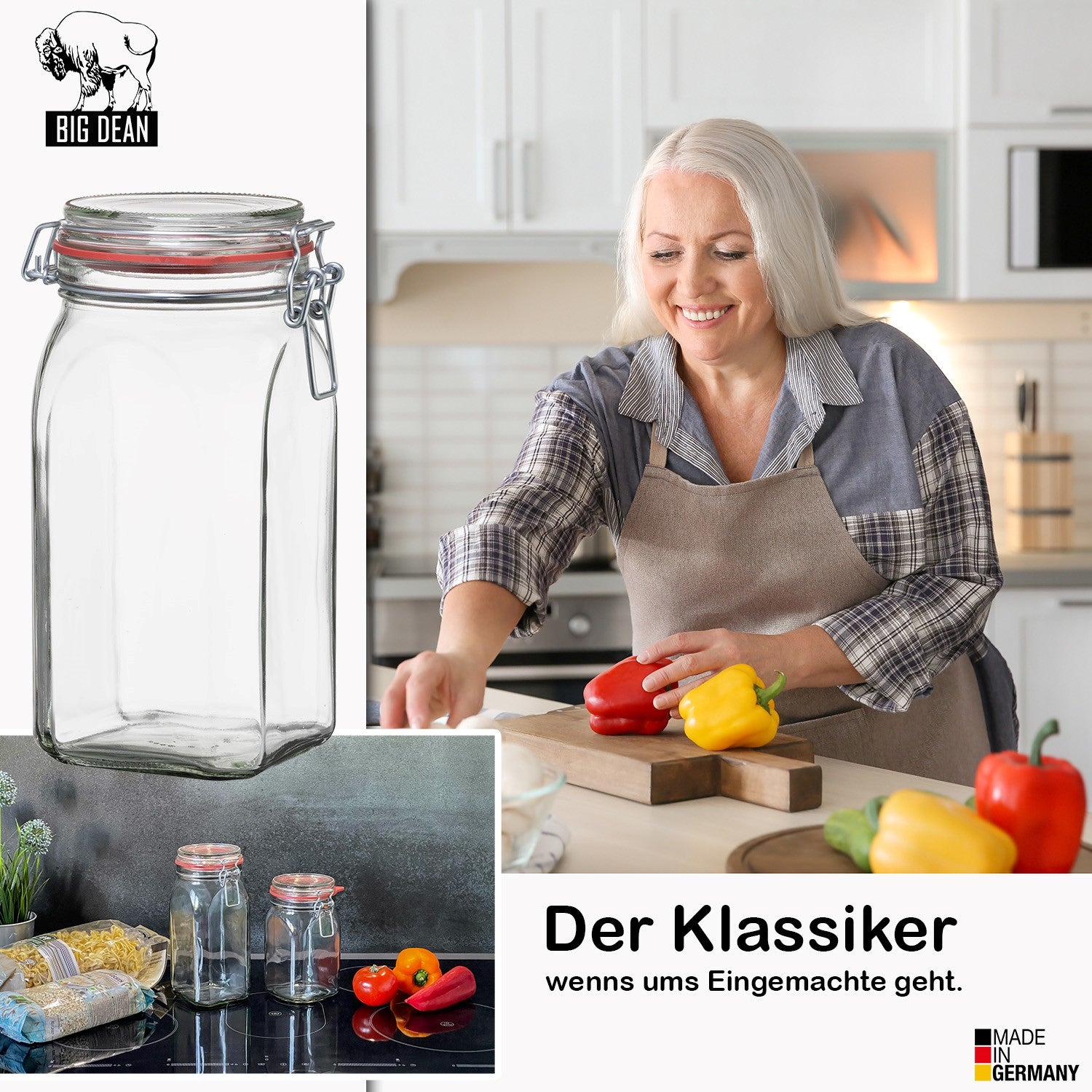 BigDean Vorratsgläser 1,1L eckig Bügelverschluss 6er Set Glas