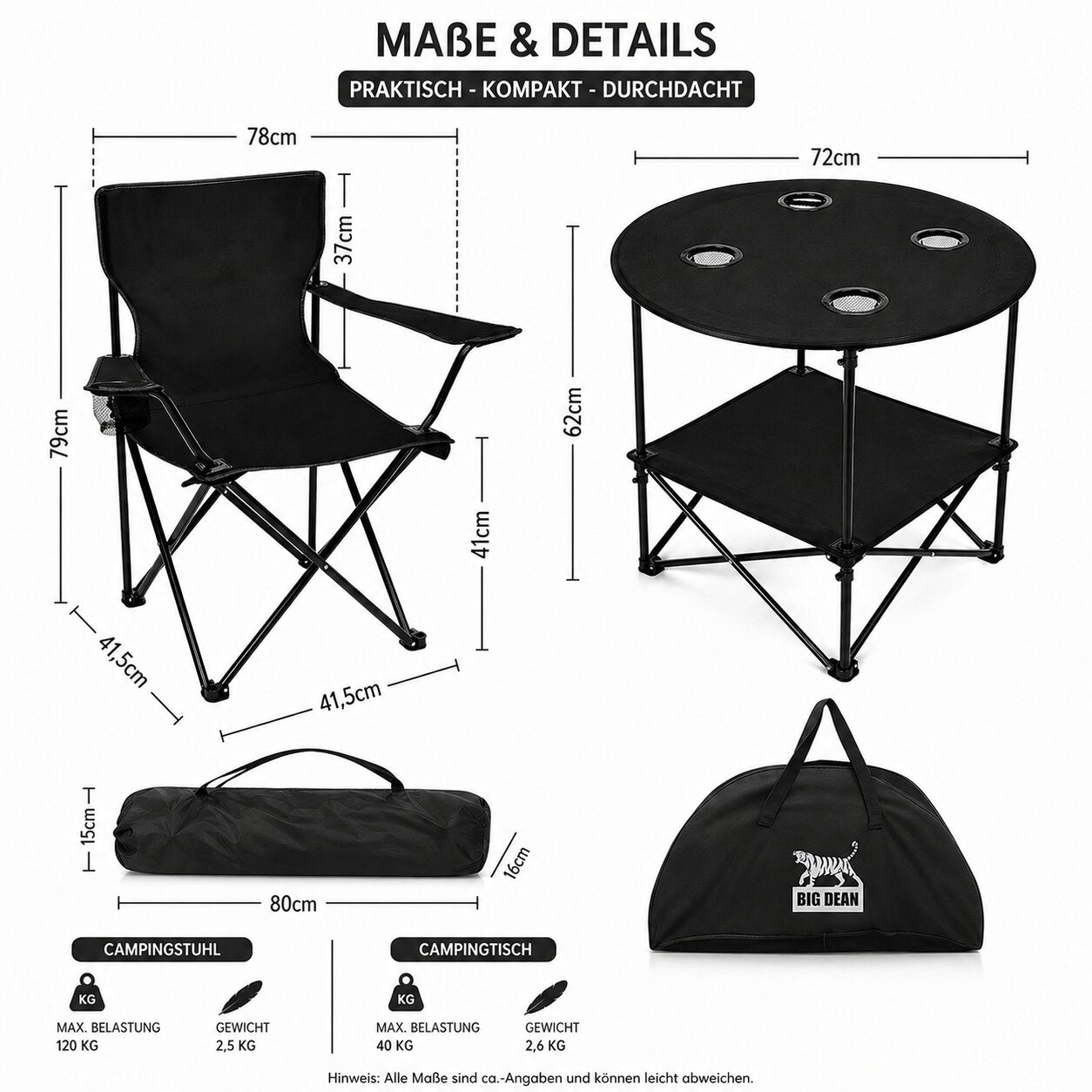 BigDean Garten Camping Set 2x Stuhl Tisch klappbar Outdoor