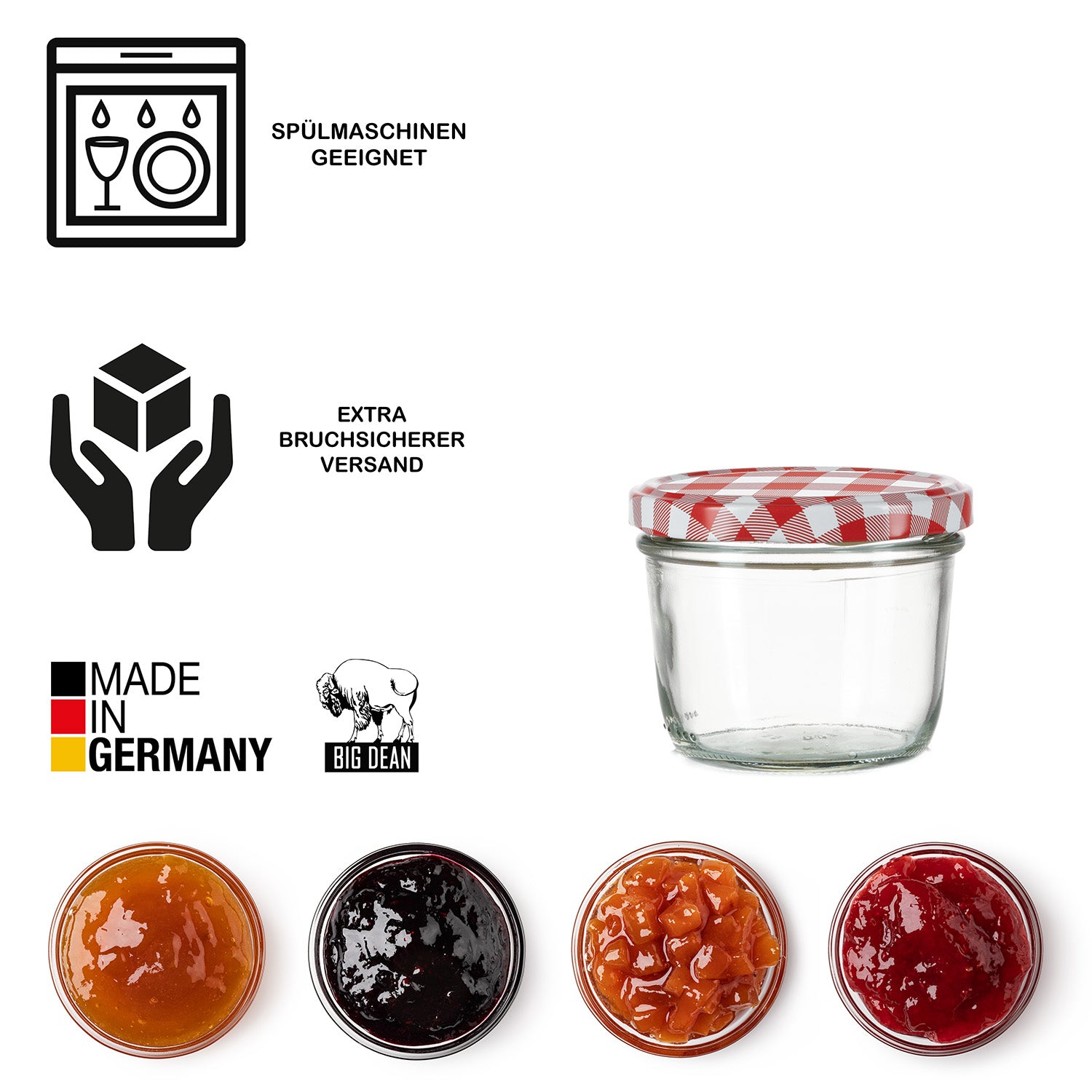 BigDean Küche Marmeladengläser 230 ml 12 Stück rot kariert