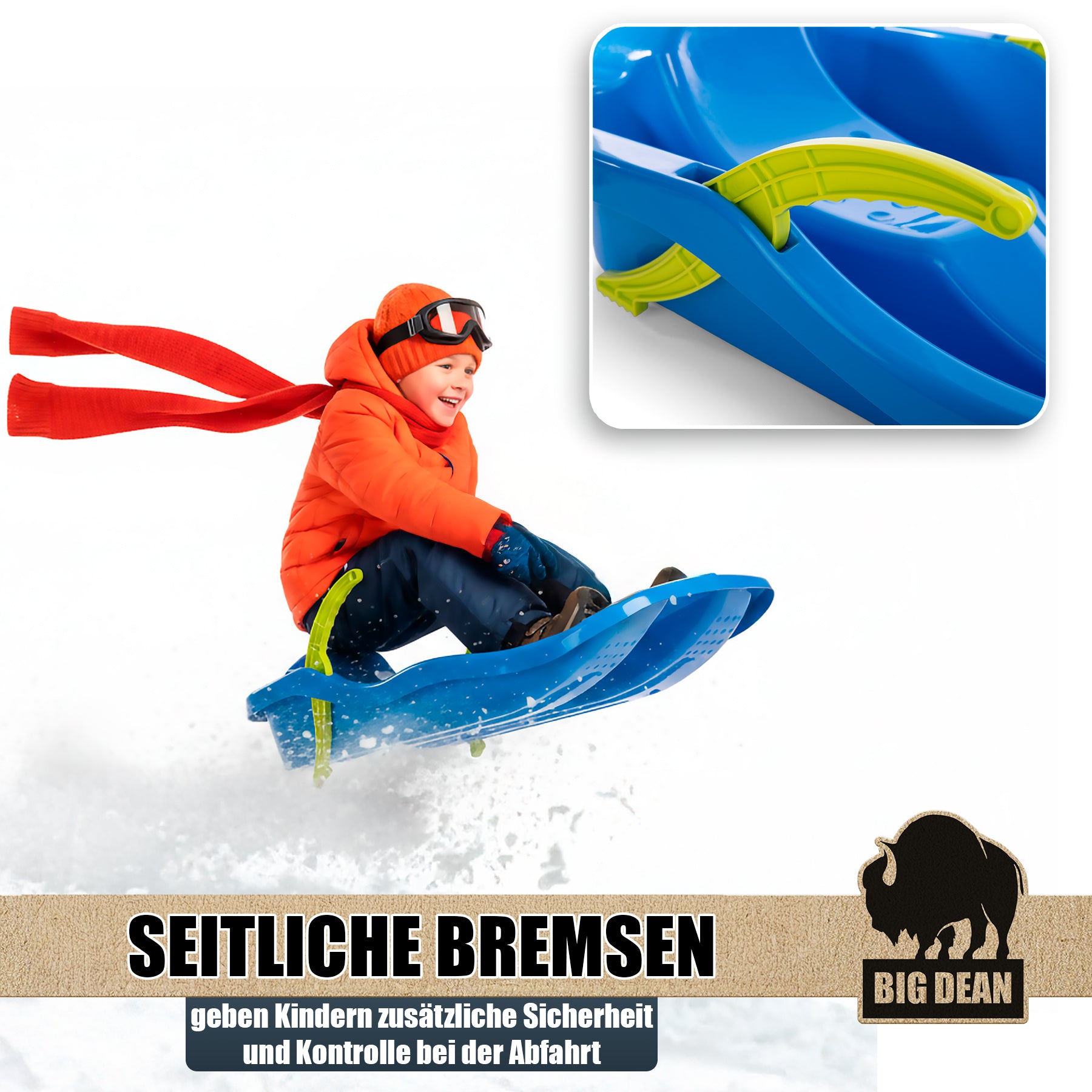 BigDean Premium Schlitten Blau mit Bremse Lenkschlitten