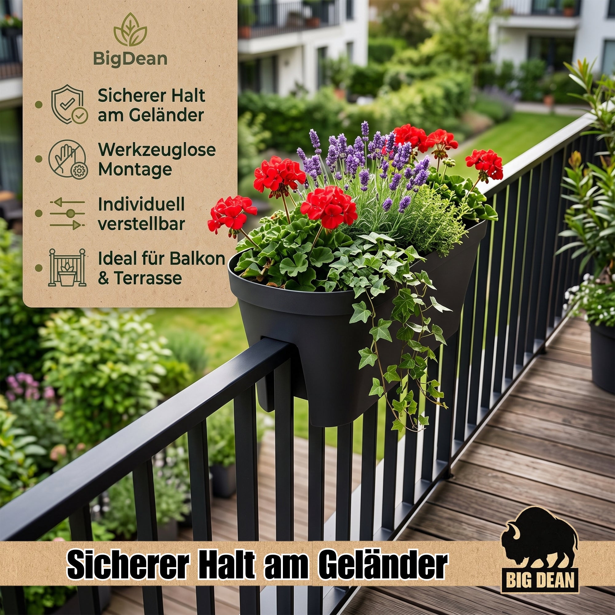 BigDean Garten Blumenkasten 60cm Anthrazit 3er Set Halterung