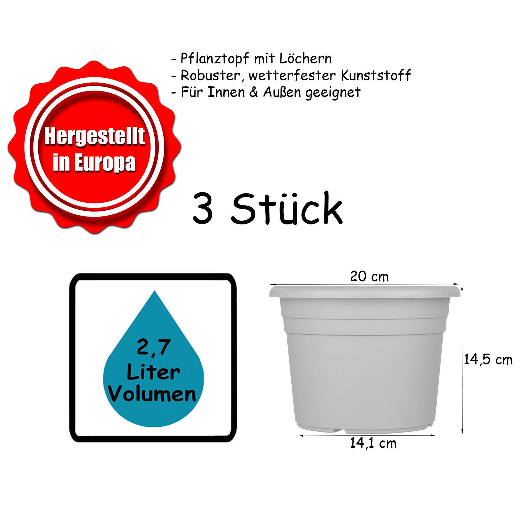 BigDean Garten Blumentopf 20cm Terrakotta 3er Set Kunststoff