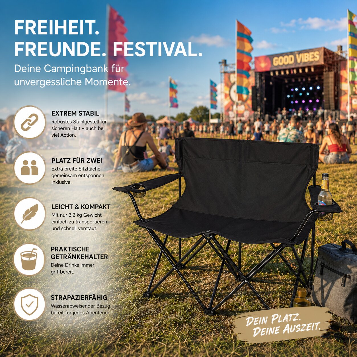 BigDean Garten Camping Sofa 2 Personen Schwarz faltbar