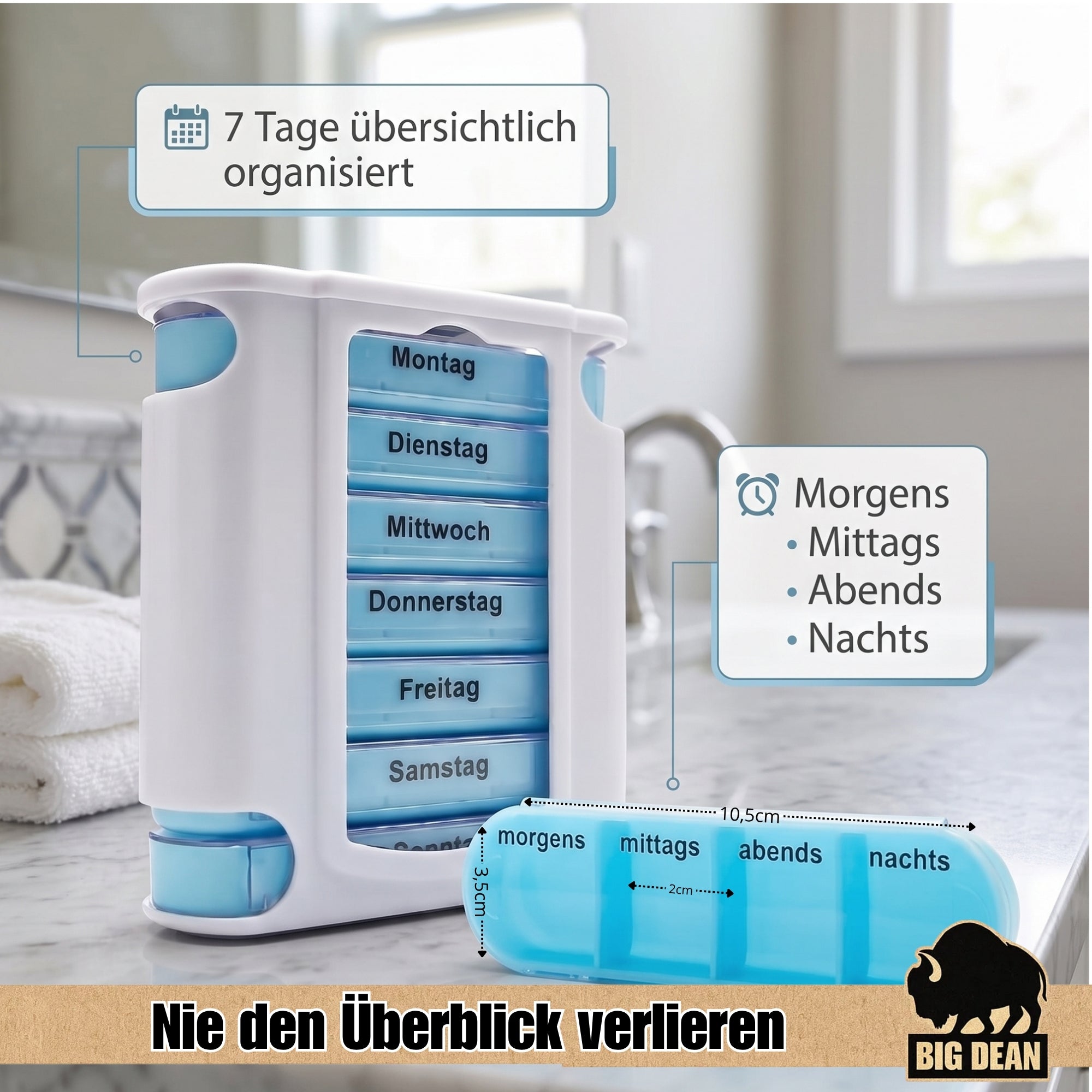 BigDean Tablettenbox 7 Tage Pillendose mit 4 Fächern
