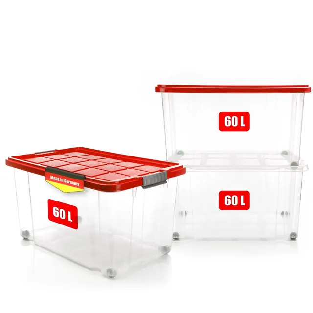 BigDean Aufbewahrung Aufbewahrungsbox 60L 3er Set rot Deckel