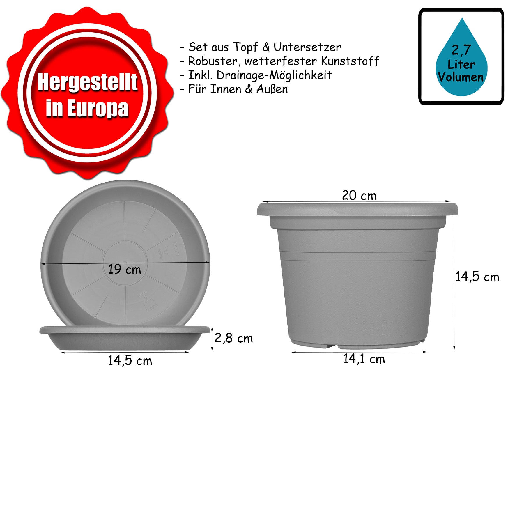 BigDean Blumentöpfe Ø20cm 5er Set Terrakotta mit Untersetzer