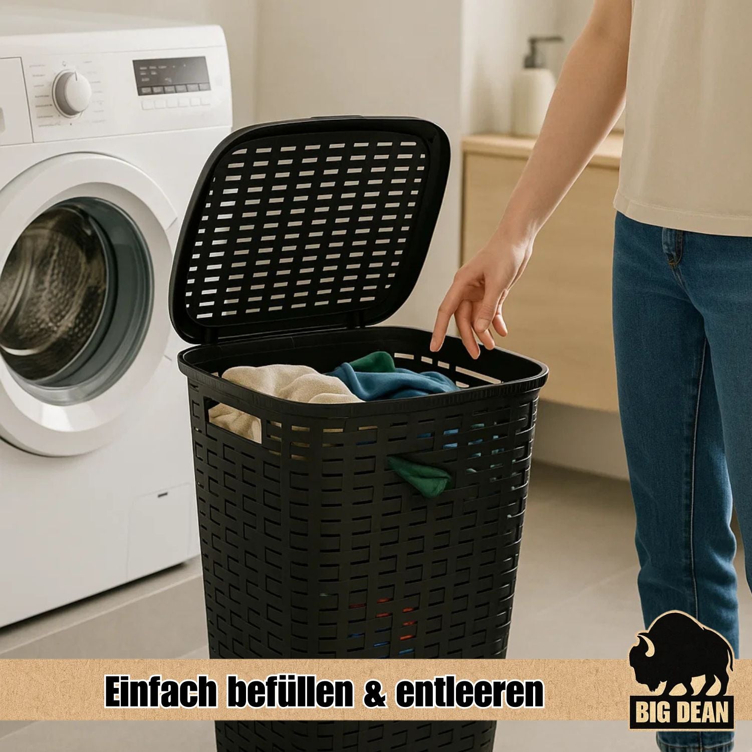 BigDean Haushalt Wäschekorb Deckel XL Rattanoptik Grau