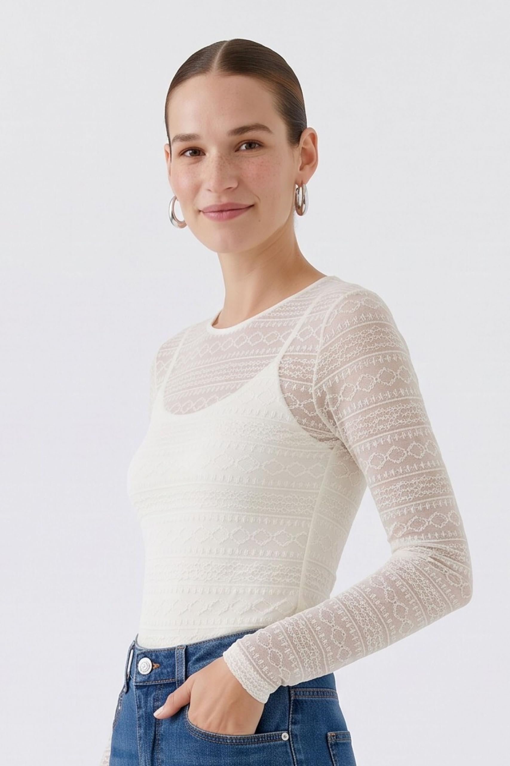 Oui Shirts & Tops Langarmshirt Spitze Gardenia schmal