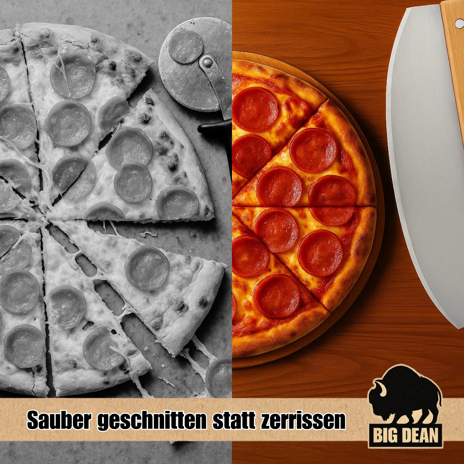 BigDean Pizzamesser Wiegemesser 32 cm Edelstahl Holzgriff