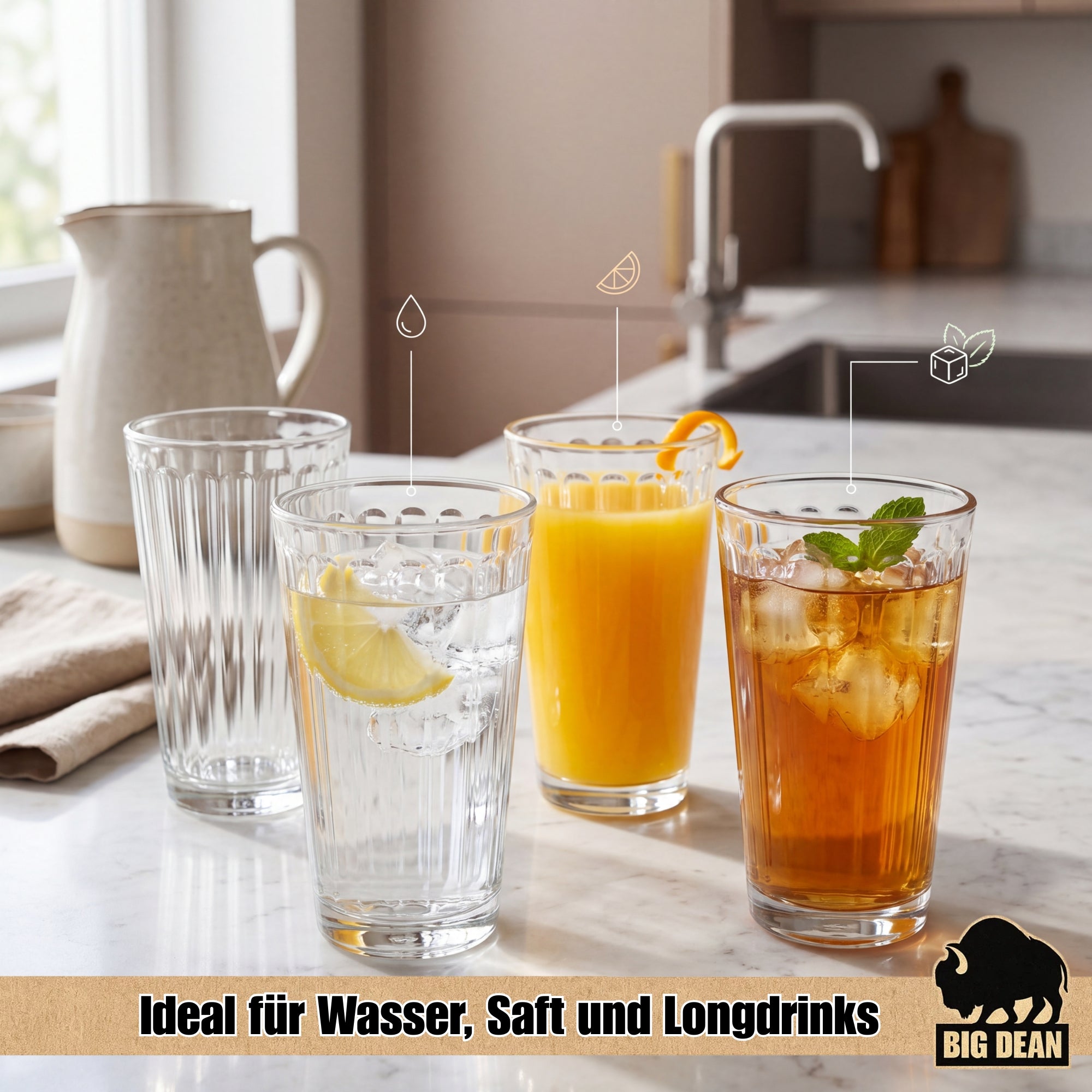 BigDean Küche & Vorrat Wassergläser 410 ml 6er Set Riffel