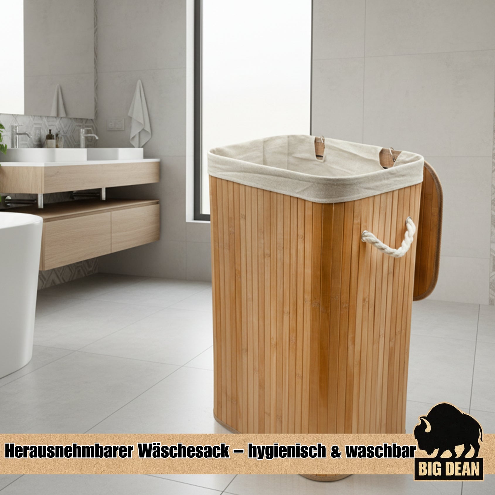 BigDean Wäschekorb Bambus 72L mit Deckel Wäschesack