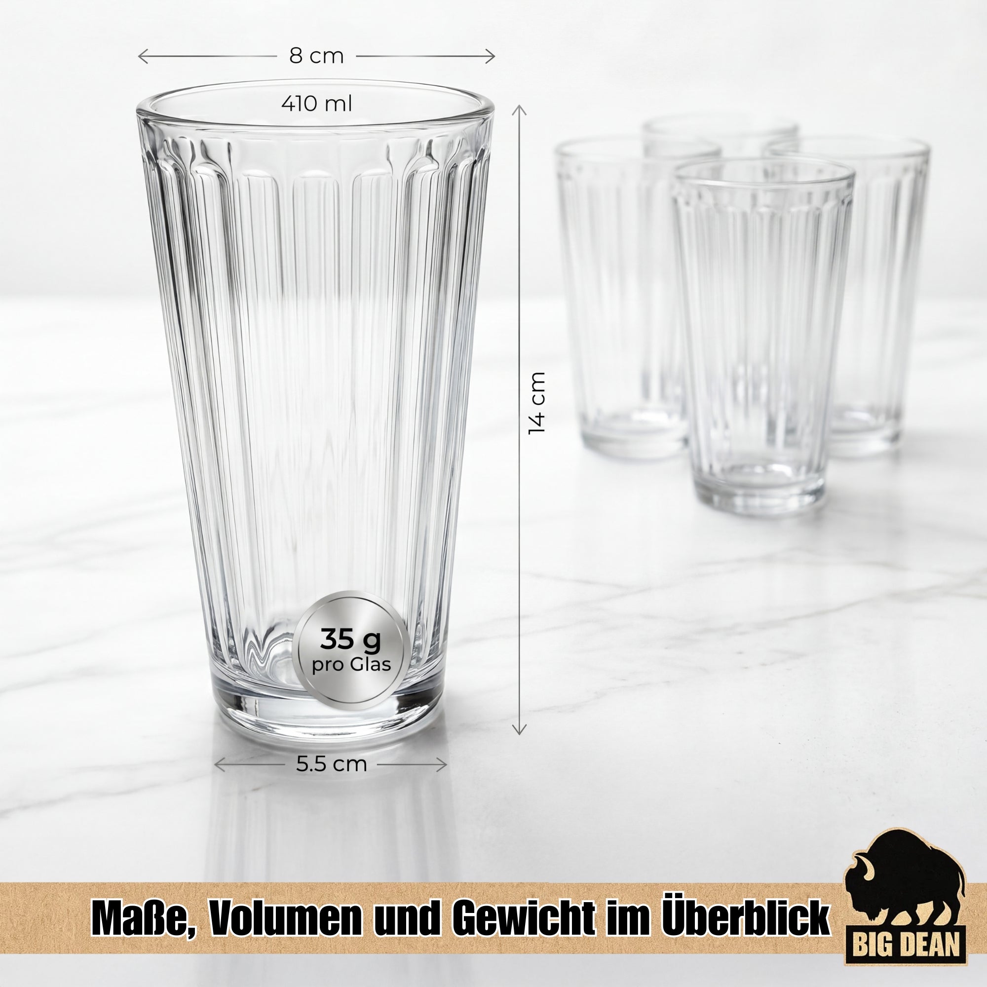 BigDean Küche & Vorrat Wassergläser 410 ml 6er Set Riffel