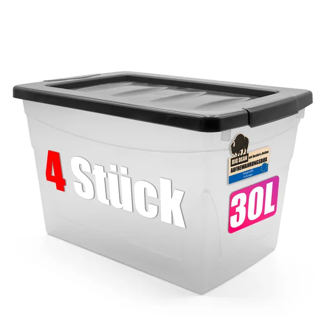 BigDean Aufbewahrungsbox Deckel 30L transparent 4 Stück