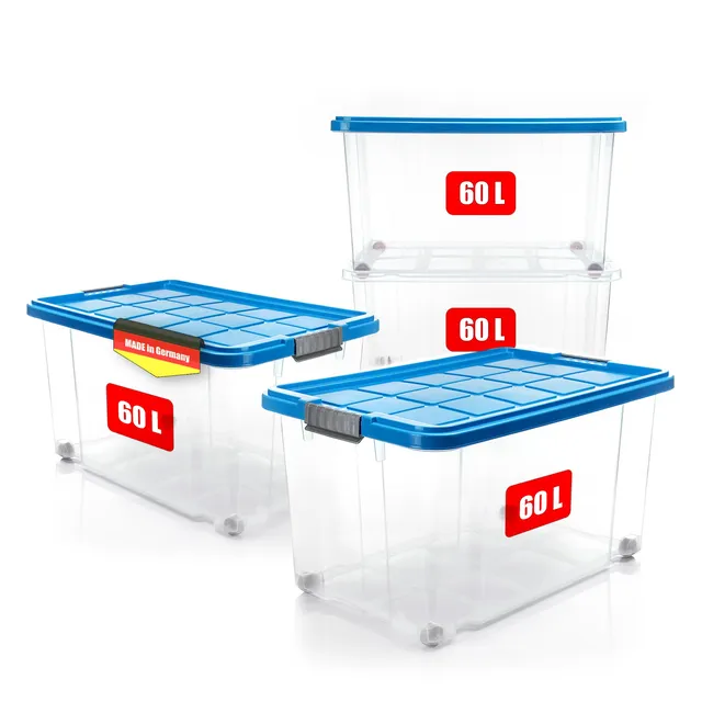 BigDean Aufbewahrungsbox 60 L Azurblau Deckel 4 Stück Stapelbar