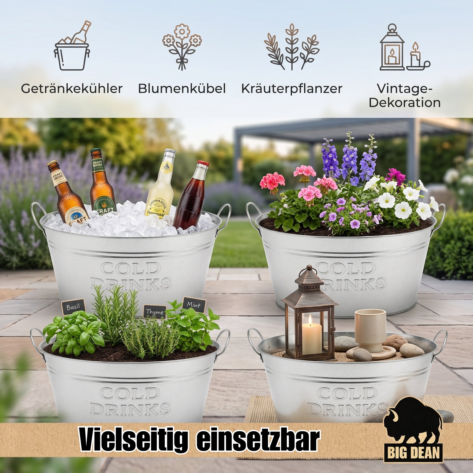 BigDean Getränkewanne 24 Liter Zinkwanne Sektkühler 2er Set