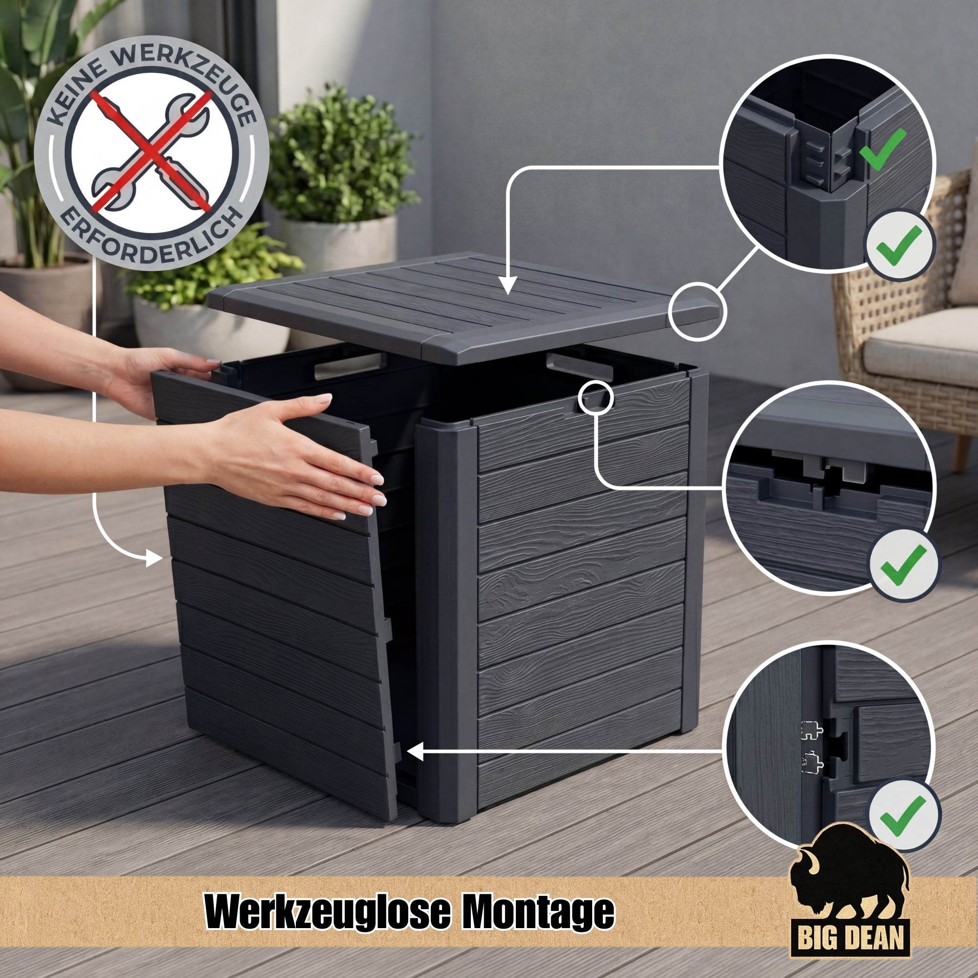 BigDean Gartenbox 140 Liter Auflagenbox Holzoptik klein