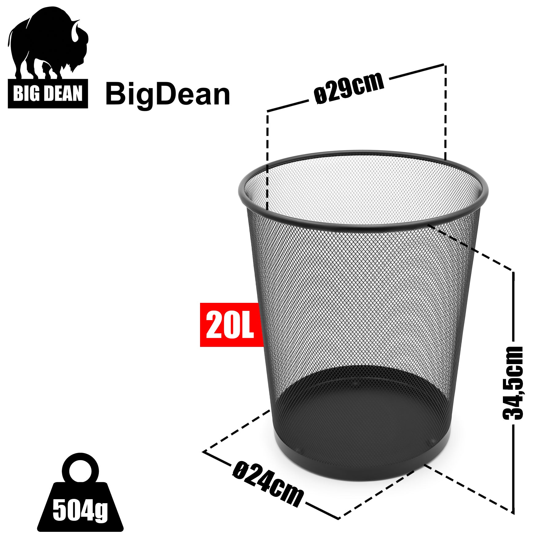 BigDean Papierkorb Schwarz 20L Metall 2er Set