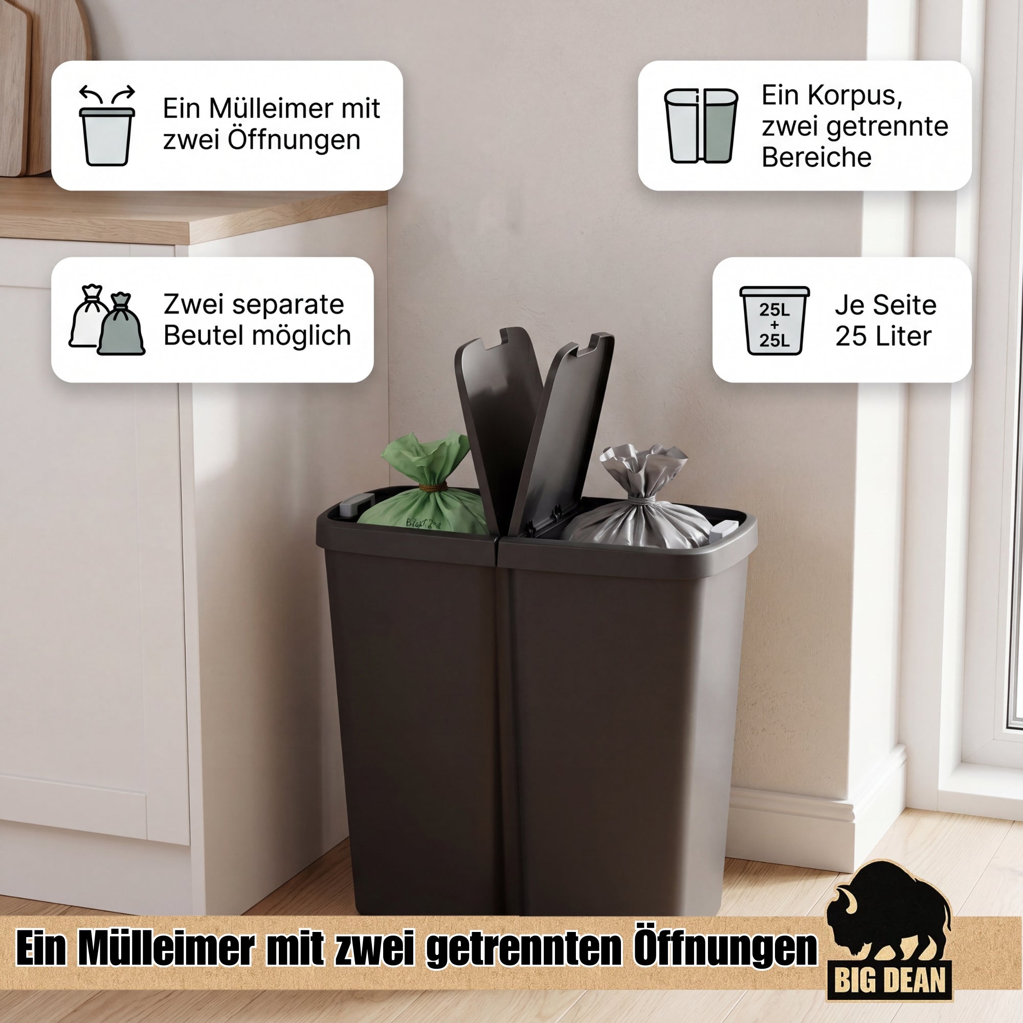 BigDean Duo Bin Mülleimer 2x25L Anthrazit Mülltrennung